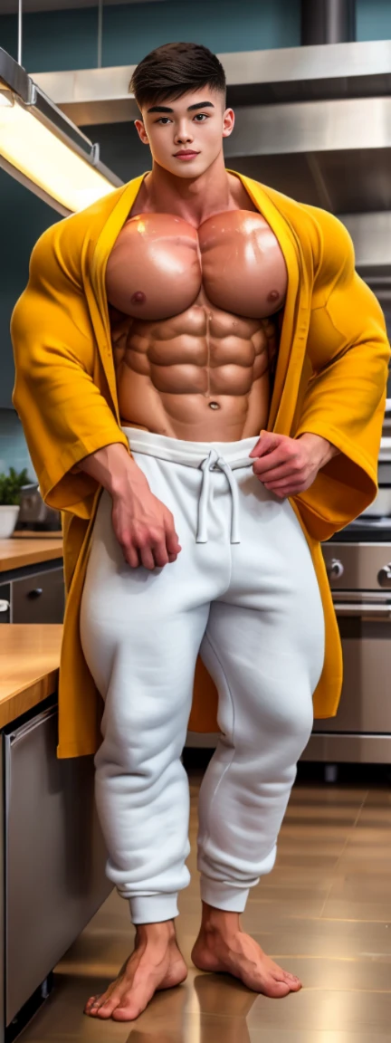 German, tall to the ceiling, bodybuilder, highschool freshman cleaning floors in kitchen, dressed in tight sweat pants and a colorful asian robe show abs, cute young face, great height difference. high detail faces. show full height from toe to head. 1 bodybuilder in the picture. Industrial kitchen with stainless steel desks and ovens.