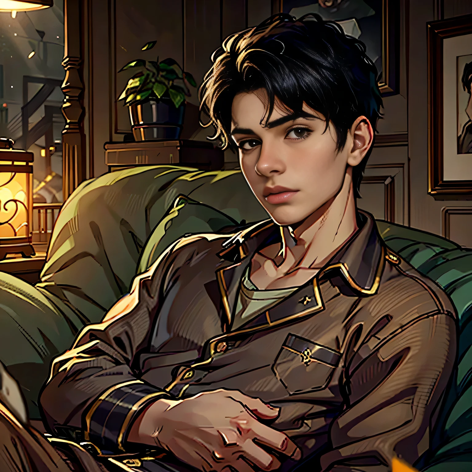 (melhor qualidade, realista, macho), 15 anos, 1 , olhos detalhados, Detailed lips, Cabelo preto, cabelo curto, militares, olhos castanhos, sofa, pijamas, ambiente aconchegante, soft lighting, ambiente tranquilo, macho