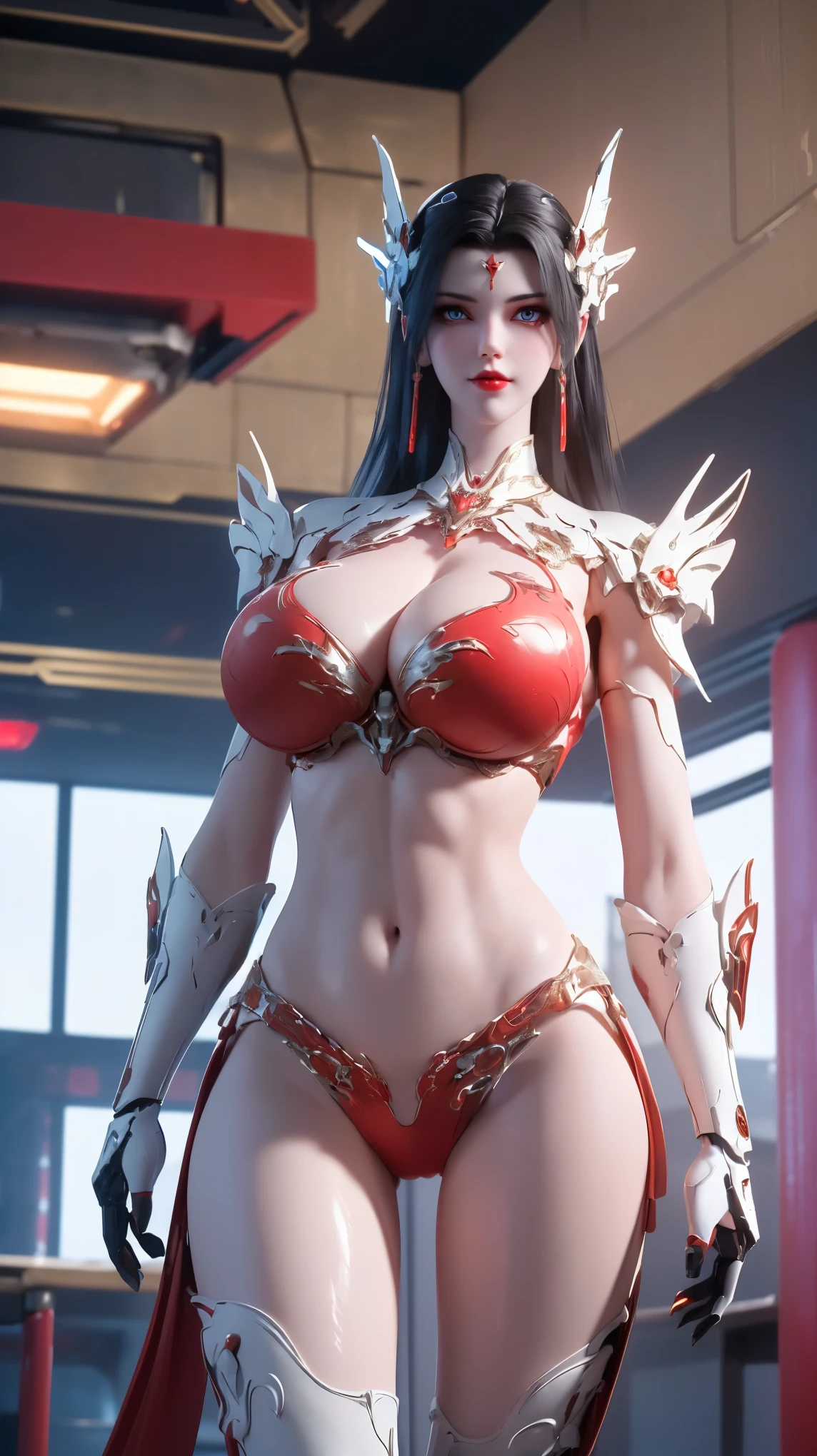 UPPER BODY,CLOSE UP HALF BODY,SOLO,(BEAUTY BLACK HAIRSTYLE,MECHA PHOENIX HELMET), (HUGE FAKE BREASTS,CLEAVAGE,MUSCLE ABS:1.5), ((WEAR RED,WHITE MODERN FUTURISTIC MECHA SKIMPY MINI BIKINI:1.5)),(NSFW SLENDER BODY MATURE WOMAN:1.5), (SWEATY GLOSSY BODYSKIN:1.5), (LOOKING AT VIEWER:1.3),(HALLROOM OF FUTURISTIC SPACE STATION:1), (PHOTOREALSITIC:1.4), (ULTRA-DETAILLIERT), (TOP-QUALITY), (BEST SHADOWS), (​MASTERPIECE), BRIGHT LIGHT IN ROOM, HYPER TEXTURE, (4X MSAA), ((UNREAL ENGINE 5 RENDER)), PHYSICALLY-BASED RENDERING, ULTRA HIGHT DEFINITION, 16K, 1080P.