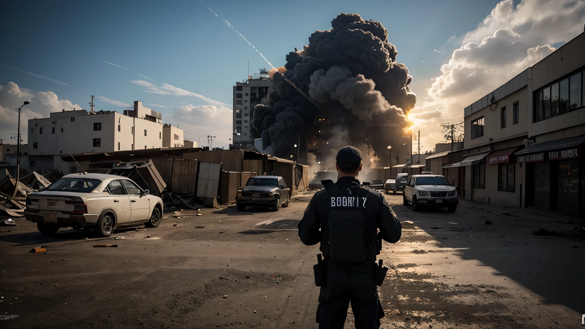 Shooter logo, der sehr bekannt werden kann, 2 Soldaten, those in a devastated city with guns firing into the distance, Ultra-realistisch, best quality, best resolution, 8k Uhd, AK47