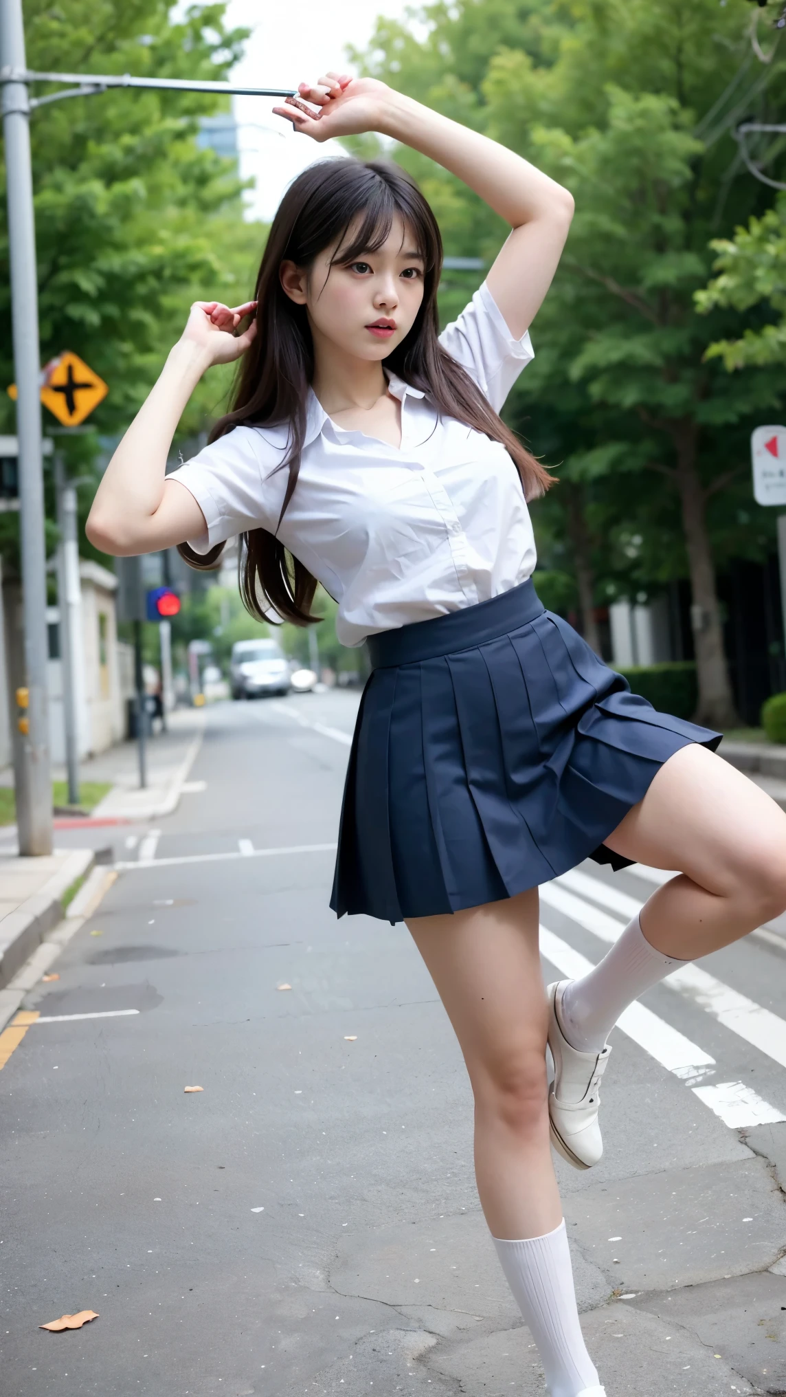 right leg ((kicks in the air)), eyes focus on the right leg, pretty bravelly,  thin legs, tight skirts, left leg heels on the ground on, sidewalk, RAW photos, 8K, highest quality, ultra-high resolution, beautiful faces detailed, real human skin, gentle expressions, Front view, angle from below, long hair, realistic, photorealistic, cute, short skirt,  in the city, cute school girl, Japanese  uniform, wearing Japanese school uniform, surreal high school girl, whole body,