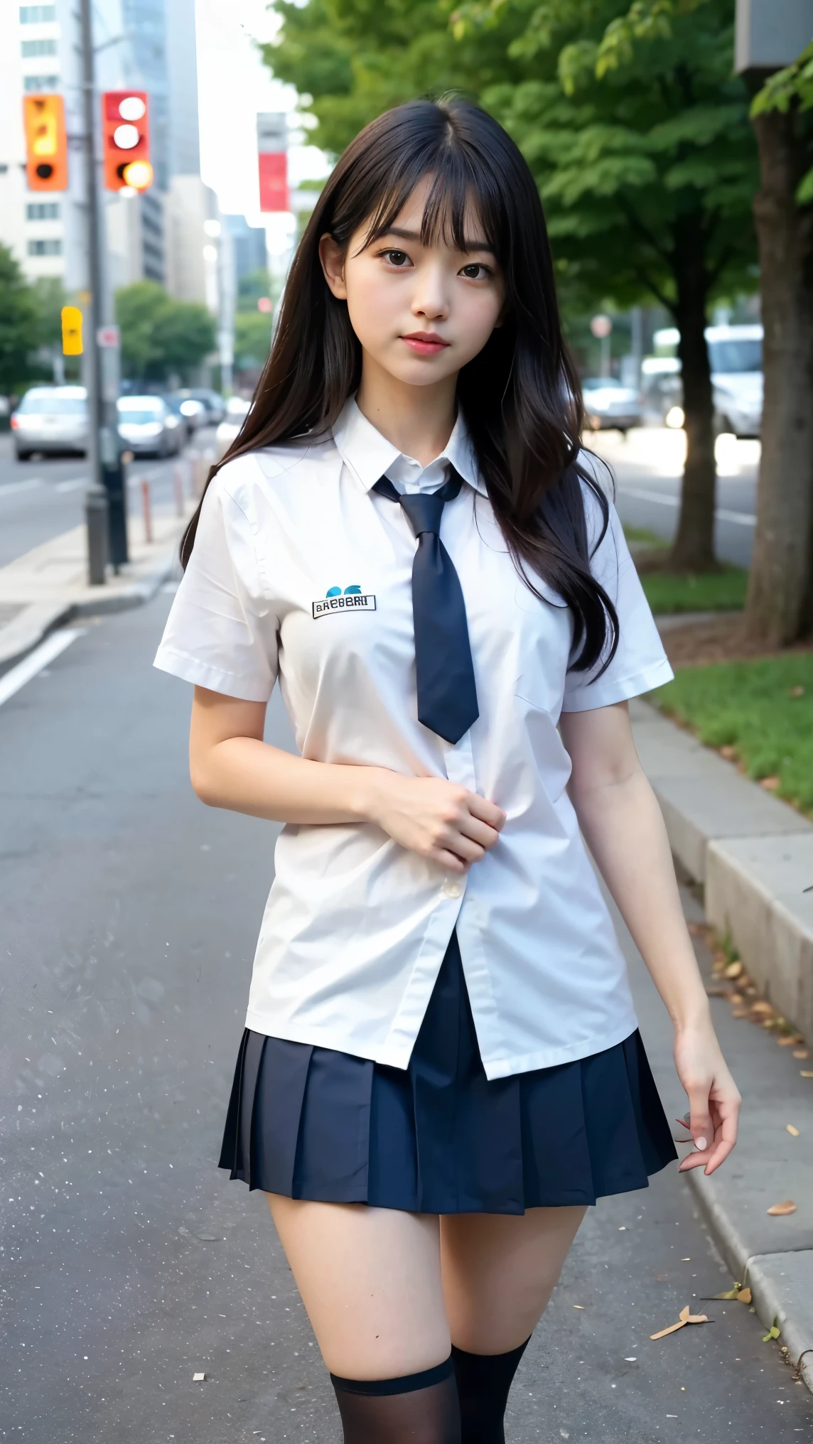 right leg ((kicks in the air)), eyes focus on the right leg, pretty bravelly,  thin legs, tight skirts, left leg heels on the ground on, sidewalk, RAW photos, 8K, highest quality, ultra-high resolution, beautiful faces detailed, real human skin, gentle expressions, Front view, angle from below, long hair, realistic, photorealistic, cute, short skirt,  in the city, cute school girl, Japanese  uniform, wearing Japanese school uniform, surreal high school girl, whole body,