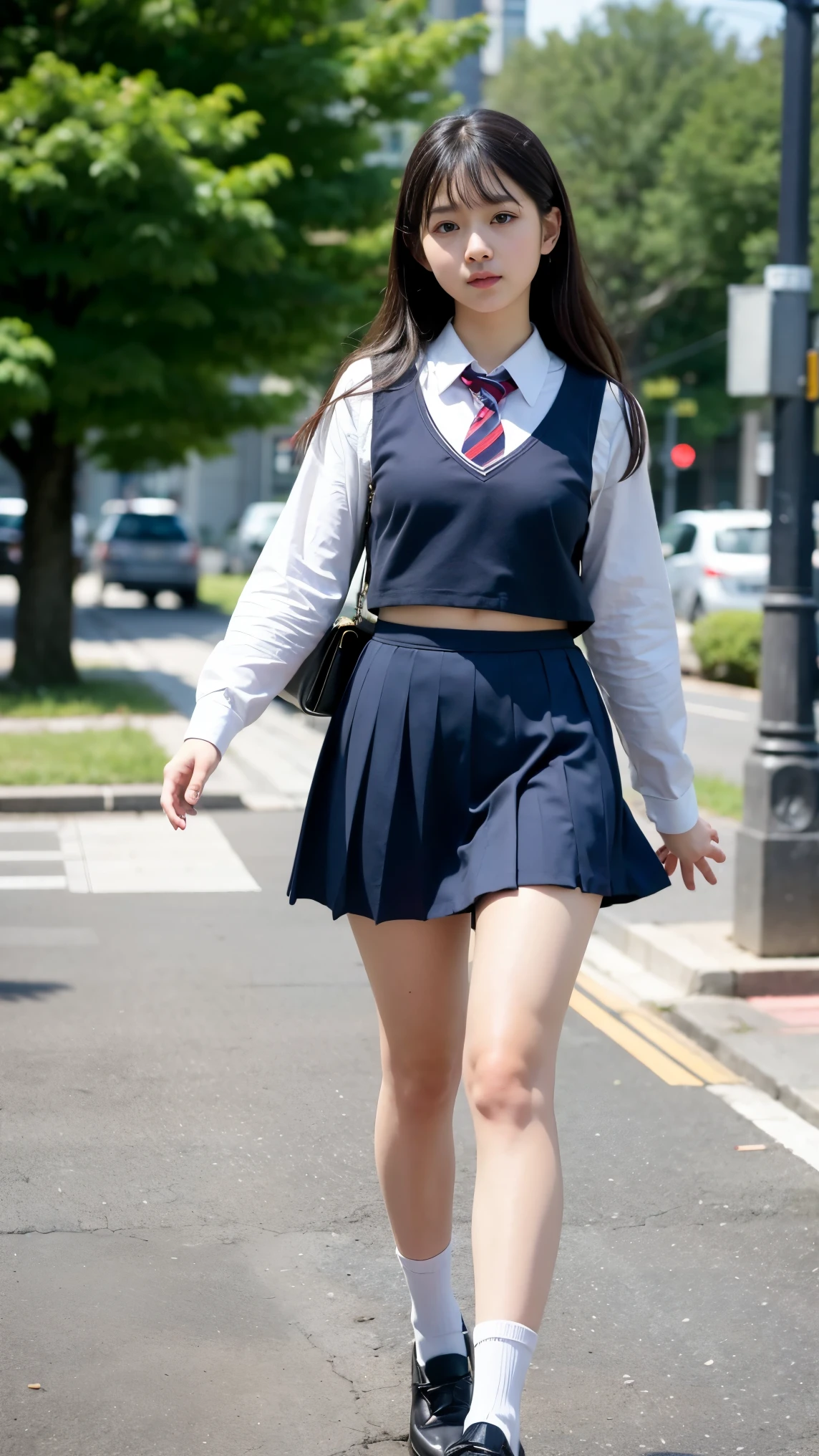 right leg ((kicks in the air)), eyes focus on the right leg, pretty bravelly, thin legs, tight skirts, left leg heels on the ground on, sidewalk, RAW photos, 8K, highest quality, ultra-high resolution, beautiful faces detailed, real human skin, gentle expressions, Front view, angle from below, long hair, realistic, photorealistic, cute, short skirt, in the city, cute school girl, Japanese uniform, wearing Japanese school uniform, surreal high school girl, whole body,