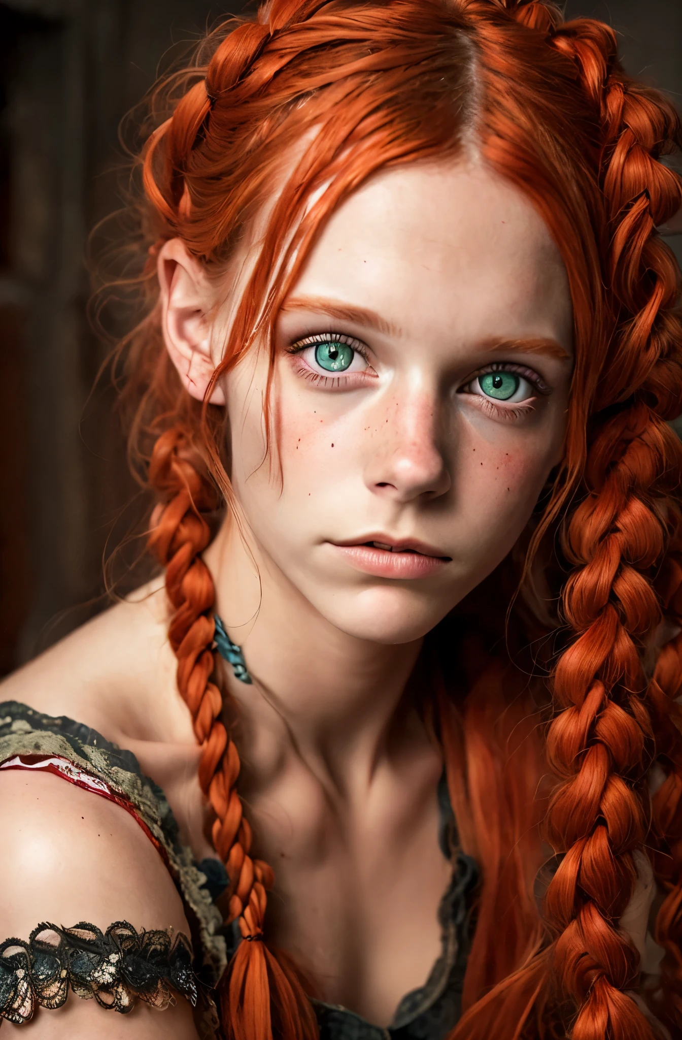Ultra real photo of 18 years old Pippi Longstocking, mischievous eyes, long red messy and braided hair, sexy, sloppy look, vivid colors, intricate details of her beautiful eyes and perfect face.