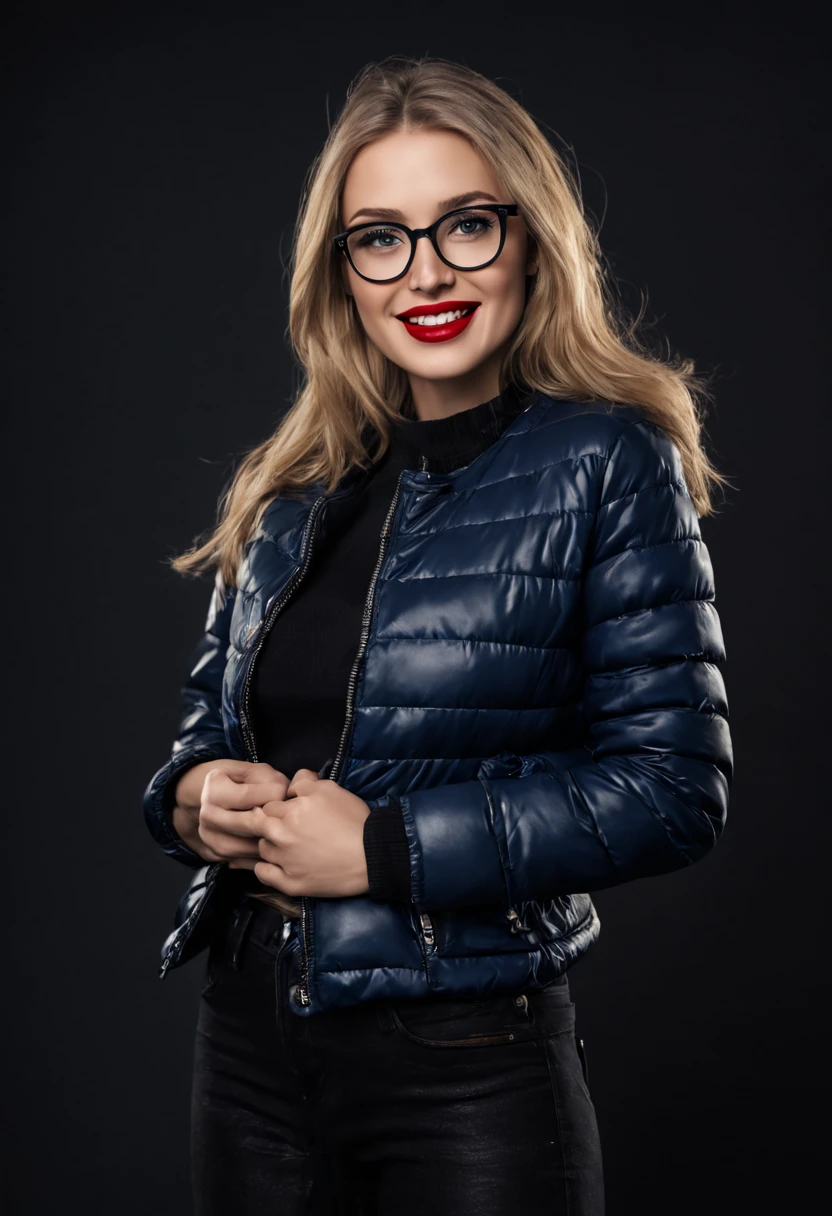 ultrarealistic high quality photo of a beautiful young tall busty european woman with cute face and natural blonde long hair and beautiful embarrassed smile, realistic eyes, freckles, glossy red lips, smokey eyes makeup, wearing black leather puffer jacket with dark blue pullover and black skinny jeans, full body studio photography, silver glasses
