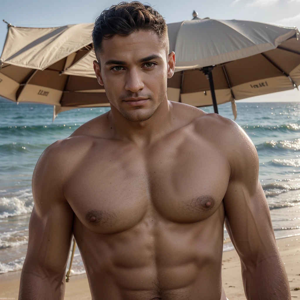 masterpiece)),((best quality)),((high detail)),((realistic,)) ((ultra detailed)),24 year old man ,Arabian ,light green eye color ,long eyelashes ,sharp jawline ,nice slim nose,no beard ,dimples ,cat naughty eyes ,short curly hair ,sexy face ,beautiful manly face ,light brown skin tone ,perfect teeth , detailed beach background,masculine,extra detailed ,bulk,mascular,leon twomey ,no t shirt ,abs ,serious expression on his face,very realistic ,at the beach,sexy