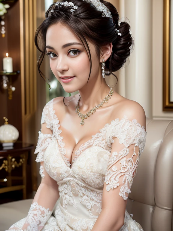 (1girl), Updo hairstyle, Extremely cute face, Amazing face and eyes, (Highly detailed eyes, Highly detailed face), fresh, Very clean appearance, (Hyper-realistic, hight resolution), (Best Quality:1.4), (hyper quality), Authentic skin texture, Raw photo, (Realistic, Photorealsitic:1.37), highly detailed, Professional Photography, (beautiful lace bridal dress:1.5), (lace bridal dress with open front), (cleavage:1.2), (Bare shoulders), Smile slightly, (Staring at me), luxury accessories, necklaces and earrings, luxury living room, girl portrait,