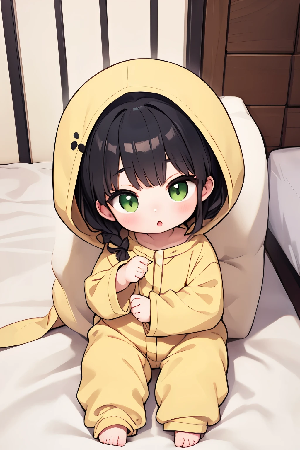 1 with fluffy jumpsuit, linen jumpsuit, female baby, black hagreen eyes.