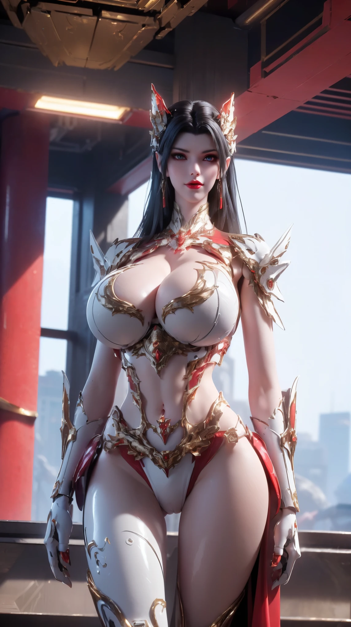 UPPER BODY,CLOSE UP HALF BODY,SOLO,(BEAUTY BLACK HAIRSTYLE,MECHA PHOENIX HELMET), (HUGE FAKE BREASTS,CLEAVAGE,MUSCLE ABS:1.5), ((WEAR RED,WHITE MODERN FUTURISTIC MECHA SKIMPY MINI BIKINI:1.5)),(NSFW SLENDER BODY MATURE WOMAN:1.5), (SWEATY GLOSSY BODYSKIN:1.5), (LOOKING AT VIEWER:1.3),(HALLROOM OF FUTURISTIC SPACE STATION:1), (PHOTOREALSITIC:1.4), (ULTRA-DETAILLIERT), (TOP-QUALITY), (BEST SHADOWS), (​MASTERPIECE), BRIGHT LIGHT IN ROOM, HYPER TEXTURE, (4X MSAA), ((UNREAL ENGINE 5 RENDER)), PHYSICALLY-BASED RENDERING, ULTRA HIGHT DEFINITION, 16K, 1080P.