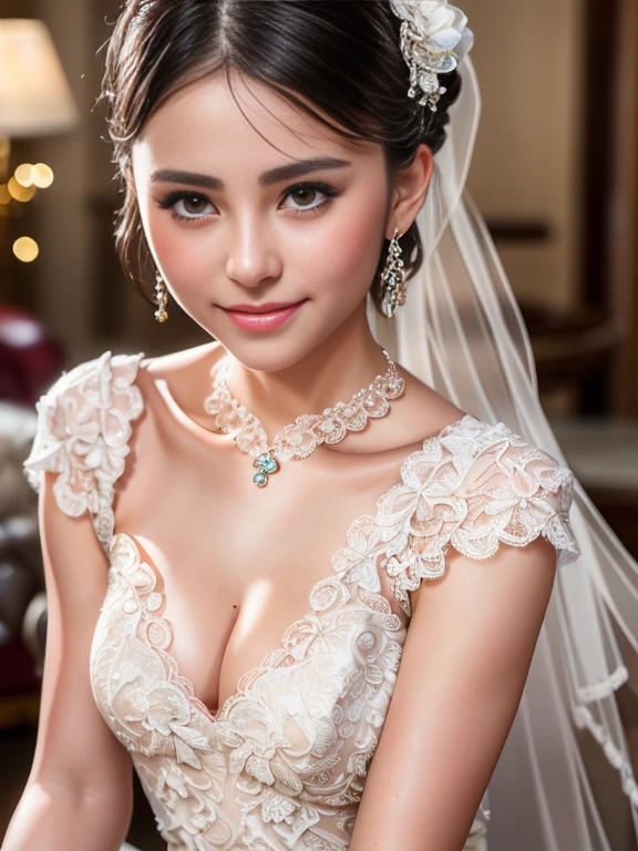 (1girl), Updo hairstyle, Extremely cute face, Amazing face and eyes, (Highly detailed eyes, Highly detailed face), fresh, Very clean appearance, (Hyper-realistic, hight resolution), (Best Quality:1.4), (hyper quality), Authentic skin texture, Raw photo, (Realistic, Photorealsitic:1.37), highly detailed, Professional Photography, (beautiful lace bridal dress:1.5), (lace bridal dress with open front), (cleavage:1.2), (Bare shoulders), Smile slightly, (Staring at me), luxury accessories, necklaces and earrings, luxury living room, girl portrait,