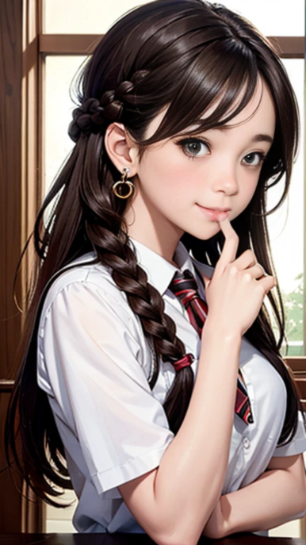 an unparalleled masterpiece、Ultra-realistic 8k CG、perfect artwork、wallpaper、1 Girl Girl Beautiful Girl、alone、beautiful face、(high school uniform)、hair ornaments、looking at the viewer、Put a smile on your face、closed your mouth、hair ornaments、headless、jewelry、earrings、Brown hair long hair、Braided hairstyle