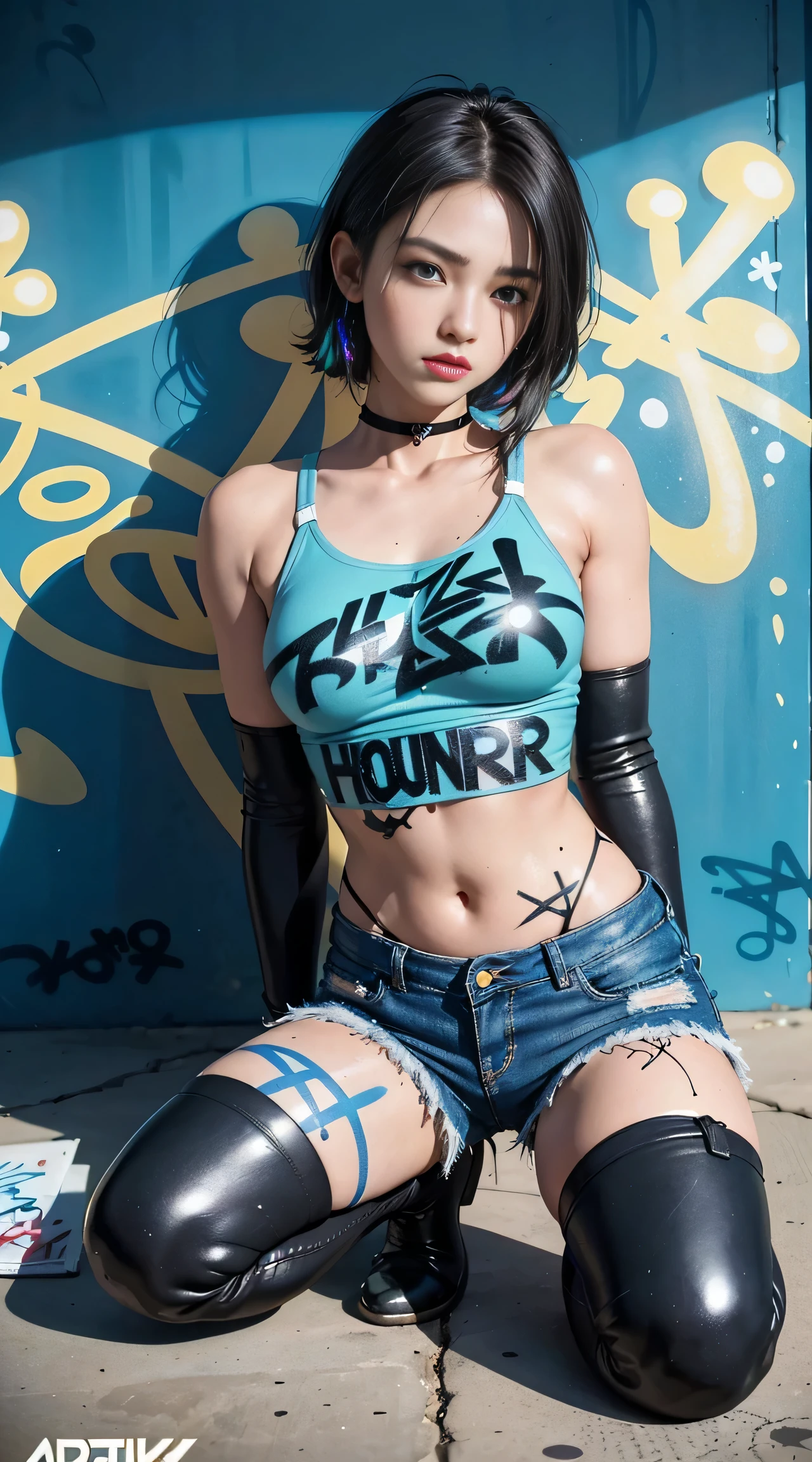 sfw, (close up), beautiful girl, full body, short bright blue dishevelled hair, black eyeshadow, (street style wear:1.2), ((tight fitted pants)), ((knee high leather boots)), (city night background:1.2), dark makeup, digital art, trending on artstation, highly detailed, fine detail, intricate, beautiful detailed glow, detailed, Cinematic light, high-res, detailed facial features, sharp focus, smooth, aesthetic, (Masterpiece),(Curesky), by jamie christopher hewlett, Unzoomed, ((tank girl)), (cloth less),Pretty Cure!,(Cute face), Big bust,Very cute,Beautiful woman,Beautiful face, happy, Full body, Beautiful realistic waifu style girl, hyperdetailed painting, luminism, art by Carne Griffiths and Wadim Kashin concept art, 8k resolution, fractal isometrics details bioluminescence , octane render, intricately detailed , cinematic, trending on artstation, cyberpunk desert, pop, Isometric Centered hyperrealistic cover photo awesome full color , gritty, realistic mucha , intricate, hit definition , cinematic,Rough sketch, bold lines, on paper, ethereal background, abstract beauty,stand, approaching perfection, pure form, Golden ratio, minimalistic, unfinished, concept art, intricate details, 8k post production, high resolution, hyperdetailed, trending on artstation, sharp focus, studio photo, intricate details, highly detailed, Pixar Studio style, punks, pop,masterpiece, best quality, 1girl, solo, crop top, denim shorts, choker, (graffiti:1.5), paint splatter, arms behind back, against wall, looking at viewer, armband, thigh strap, paint on body, head tilt, bored, multicolored hair, aqua eyes, headset, wearing bra,((skinny waist)), young asian girl, ((big )),