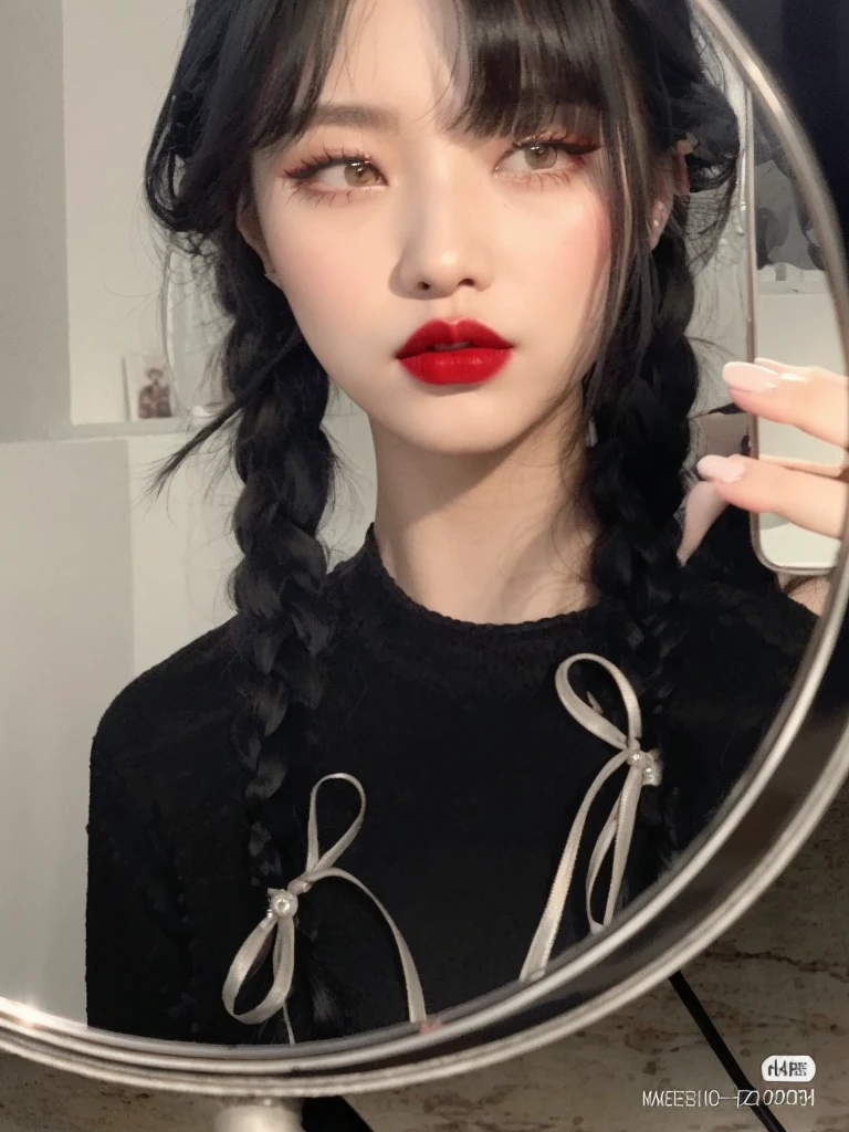 araffe girl with long black hair and Red lipstick in front of a mirror, Ulzzang, with black braids, cruel korean goth girl, braids hairstyle, goth girl aesthetic, both have Red lips, small and thick Red lips, adorable and pale korean face, faint Red lips, two braids hairstyle, Red lips, Red lipstick on face, blackpink jennie