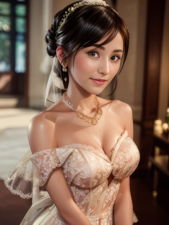 (1girl), Updo hairstyle, Extremely cute face, Amazing face and eyes, (Highly detailed eyes, Highly detailed face), fresh, Very clean appearance, (Hyper-realistic, hight resolution), (Best Quality:1.4), (hyper quality), Authentic skin texture, Raw photo, (Realistic, Photorealsitic:1.37), highly detailed, Professional Photography, (beautiful lace bridal dress:1.5), (lace bridal dress with open front), (cleavage:1.2), (Bare shoulders), Smile slightly, (Staring at me), luxury accessories, necklaces and earrings, luxury living room, girl portrait,