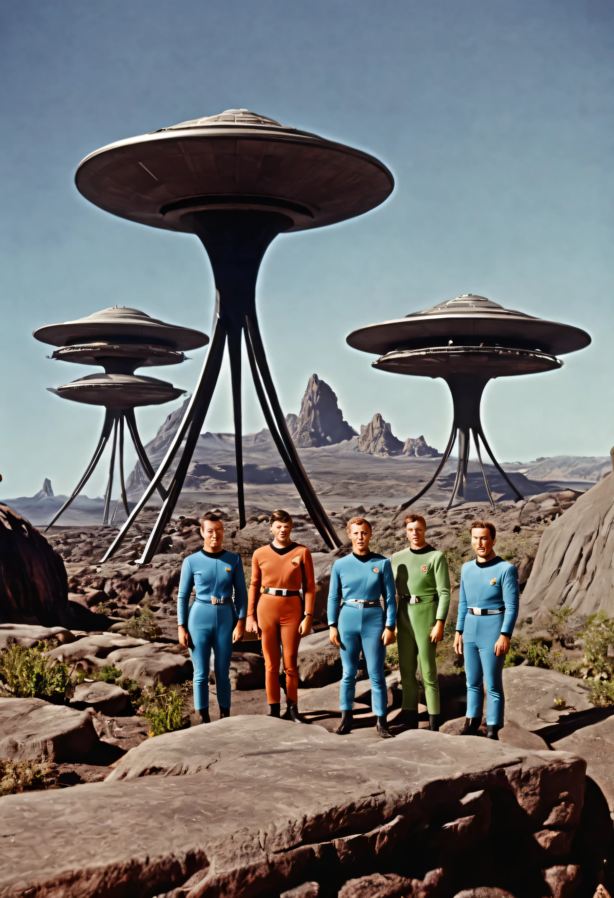 Crew of an old 1960s TV series starship on a rustic scenic planet, Lost in space, with scenic plants and rocks, republic series, Programa de TV de Irwin Allen, Science fiction, Uniformes de acampamento coloridos estilo Star Trek e Lost in Space, retro look, vintage, estilo antigo, ROSTOS PERFEITOS tipo atores dos anos de 1960, ((ROSTOS PERFEITOS)), large very colorful scenery, cogumelos gigantes, Alien plants, ((ROSTOS PERFEITOS)), include an alien in the crew, rostos melhorados, alienogen, robot, planeta extraterrestre, TV studio lighting, fake scenario