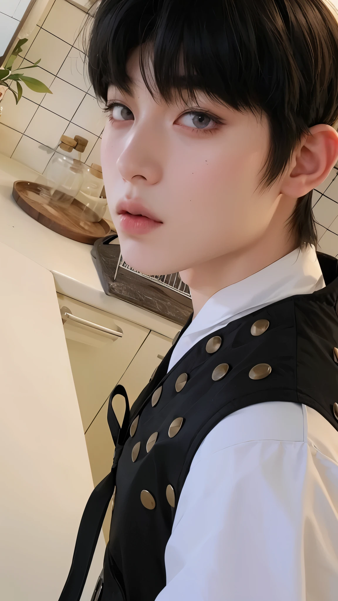 hay un joven con un chaleco negro y una camisa blanca, pintar ulzzang, Jinyoung Shin, kim doyoung, cai xukun, pale korean adorable face, Jinyoung Shin aesthetic, Jung Jaehyun, ulzzang, pale porcelain white skin, jungkook, inspirado por Zhang Han, delicate androgynous prince, sakimichan, beautiful androgynous prince kim sunoo by enhypen, kpop idol face boy kpop boy