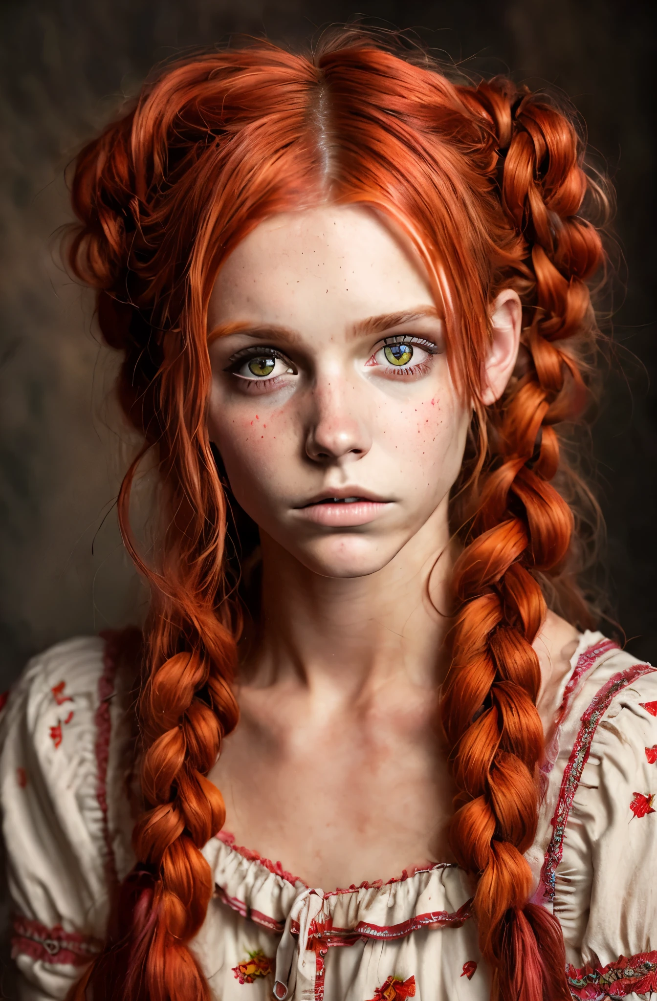 Ultra real photo of 18 years old Pippi Longstocking, mischievous eyes, long red messy and braided hair, sexy, sloppy look, vivid colors, intricate details of her beautiful eyes and perfect face.