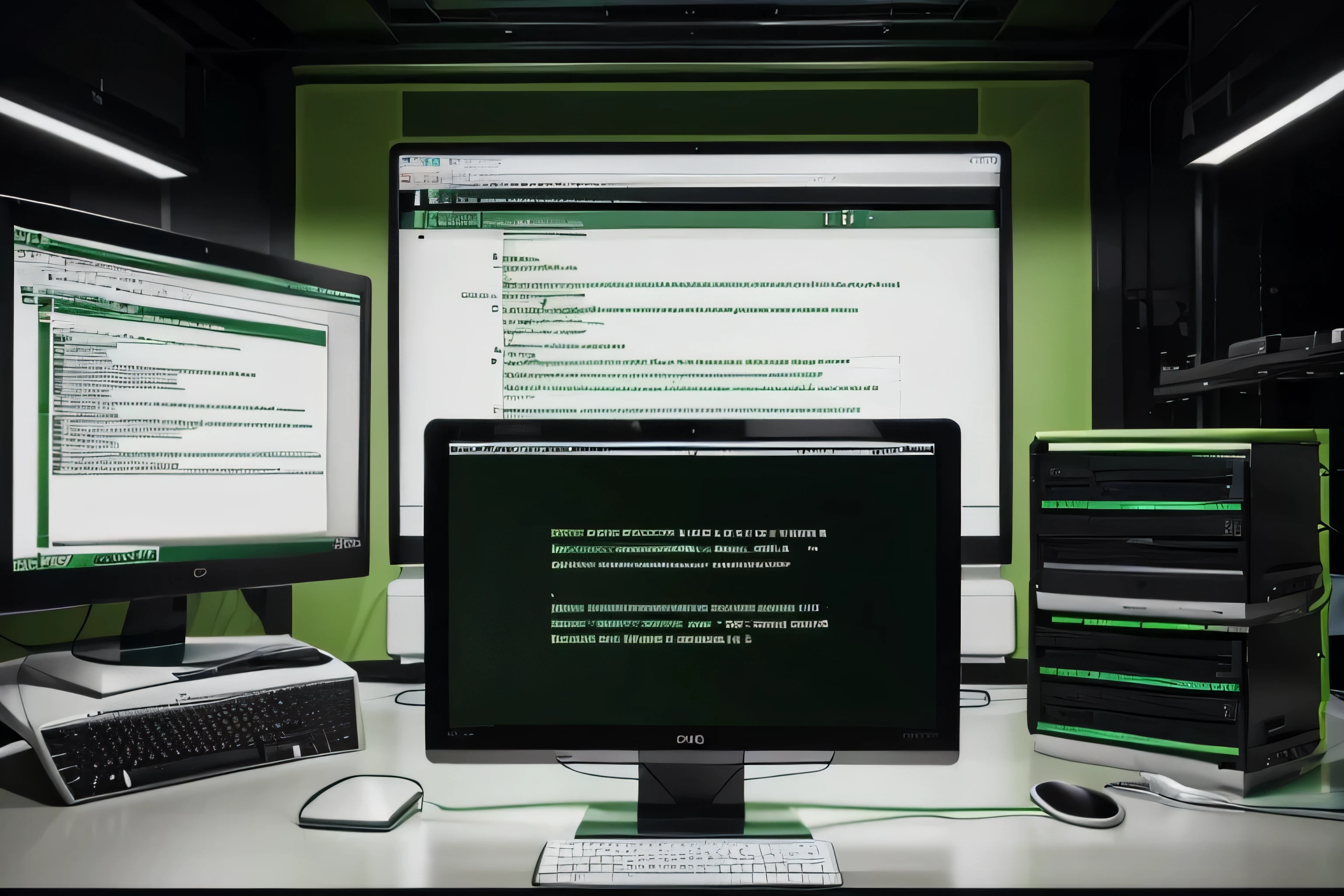 (coding a modern website) on a pc screen with a ((huge tech-server hosting) in the background. black and green and white colors. High-dtailed, 4k, ultra sharpen
