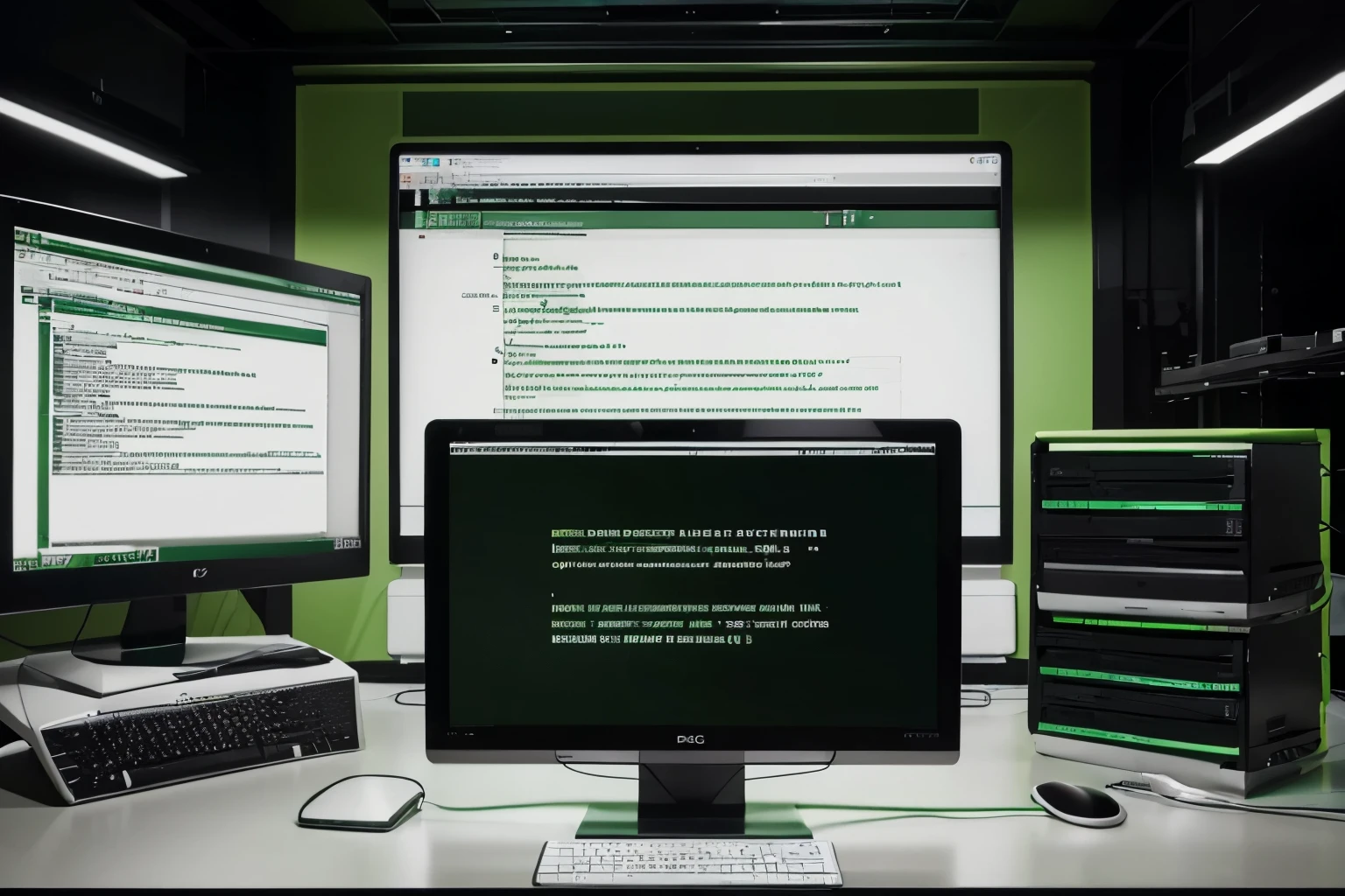 (coding a modern website) on a pc screen with a ((huge tech-server hosting) in the background. black and green and white colors. High-dtailed, 4k, ultra sharpen