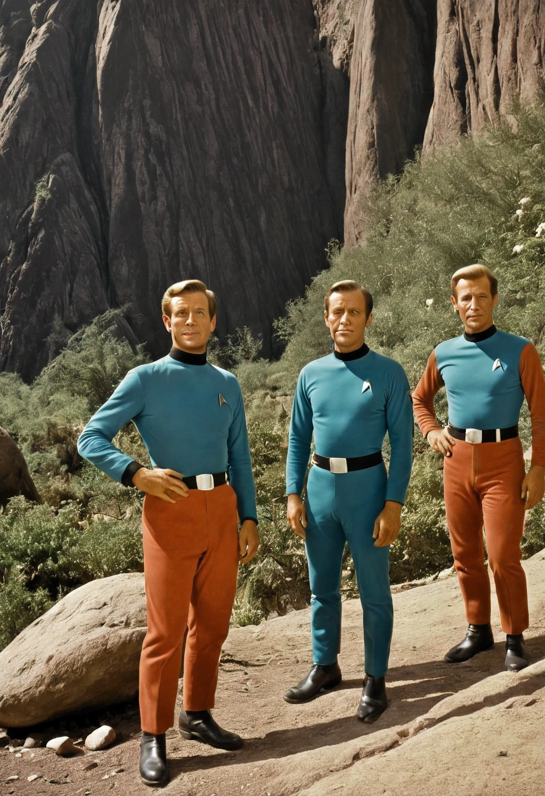 Crew of an old 1960s TV series starship on a rustic scenic planet, Lost in space, with scenic plants and rocks, republic series, Programa de TV de Irwin Allen, Science fiction, Uniformes de acampamento coloridos estilo Star Trek e Lost in Space, retro look, vintage, estilo antigo, ROSTOS PERFEITOS tipo atores dos anos de 1960, ((ROSTOS PERFEITOS)), large very colorful scenery, cogumelos gigantes, Alien plants, ((ROSTOS PERFEITOS)), include an alien in the crew, rostos melhorados, alienogen, robot, planeta extraterrestre, TV studio lighting, fake scenario