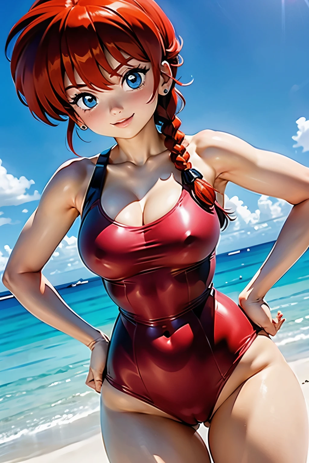 Redhead anime girl wearing a pink latex swimsuit, , corpo perfeito, seios grandes aredondados, red hair with braid, beautiful lighting, olhos azuis, pernas bonitas, hair with a braid, estilo snime, Ranma Chan, Autora Rumiko Takahashi, Baseado em obra de Rumiko Takahashi, Anime ranma 1/2, big , seios grandes e redondos, decote sexy, quadril robusto, bunda grande, seios volumosos