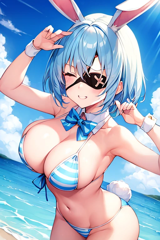 1girl, rabbit ears, bunny ears, light blue hair, very short hair, closed eyes, large breasts, wide hips, highleg bikini, white bikini, eyepatch, ((eyepatch)), beach, blue stripes, striped bikini, blue hair, smile, animal ears