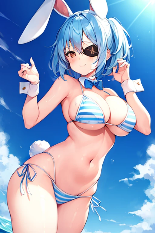 1girl, rabbit ears, ????? ears, light blue hair, very short hair, closed eyes, ?????????????, wide ????, highleg ??????, white ??????, eyepatch, ((eyepatch)), beach, blue stripes, striped ??????, blue hair, smile, animal ears