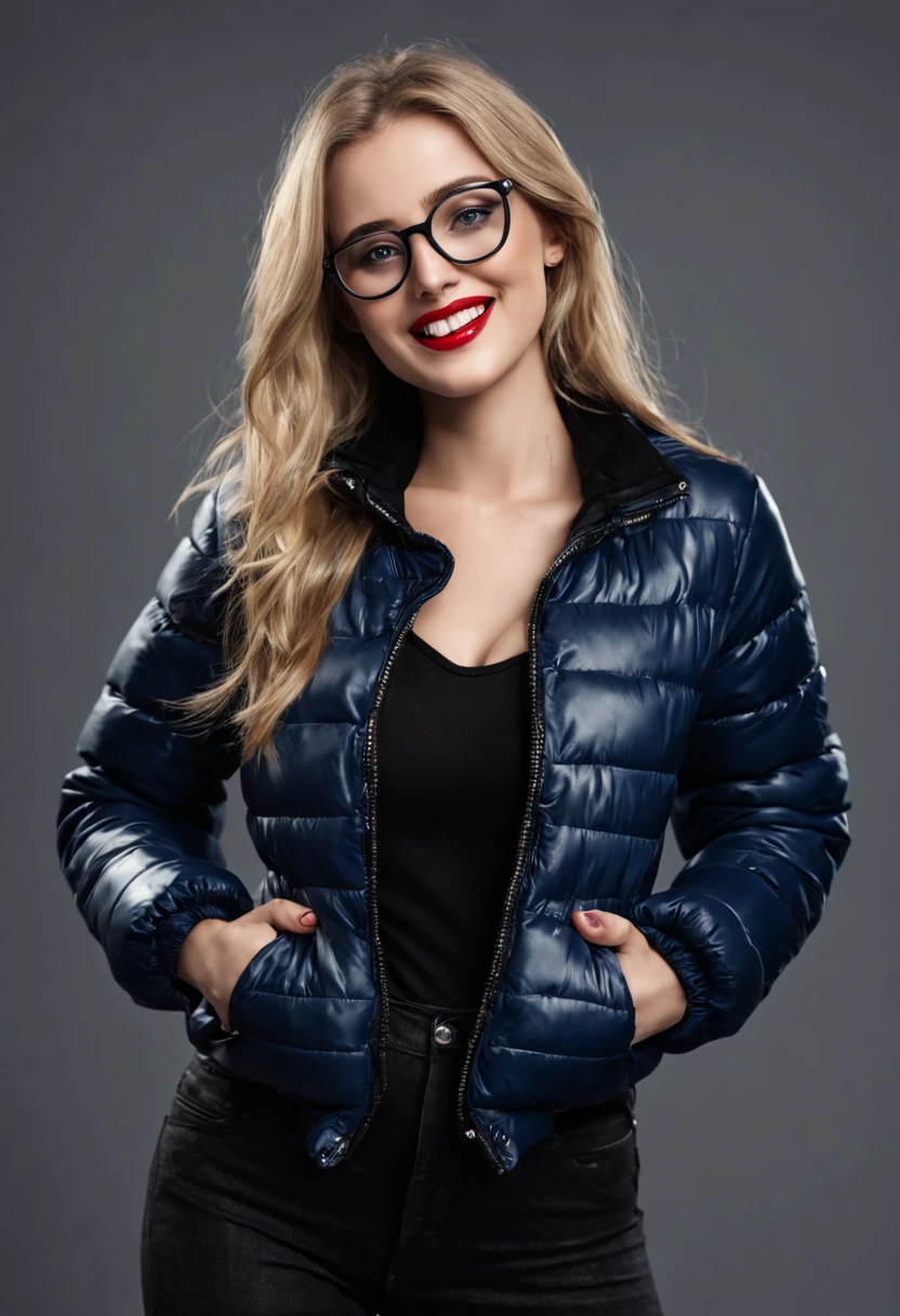 ultrarealistic high quality photo of a beautiful young tall and busty european woman with cute face and natural blonde long hair and beautiful embarrassed smile, realistic eyes, freckles, glossy red lips, smokey eyes makeup, wearing black leather puffer jacket with dark blue pullover and black skinny jeans, full body studio photography, silver glasses
