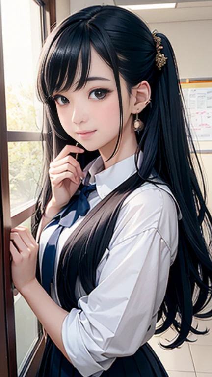 an unparalleled masterpiece、Ultra-realistic 8k CG、perfect artwork、wallpaper、1 Girl Girl Beautiful Girl、alone、beautiful face、(high school uniform)、hair ornaments、looking at the viewer、Put a smile on your face、closed your mouth、hair ornaments、headless、jewelry、earrings、long dark blue hair、put your hair up