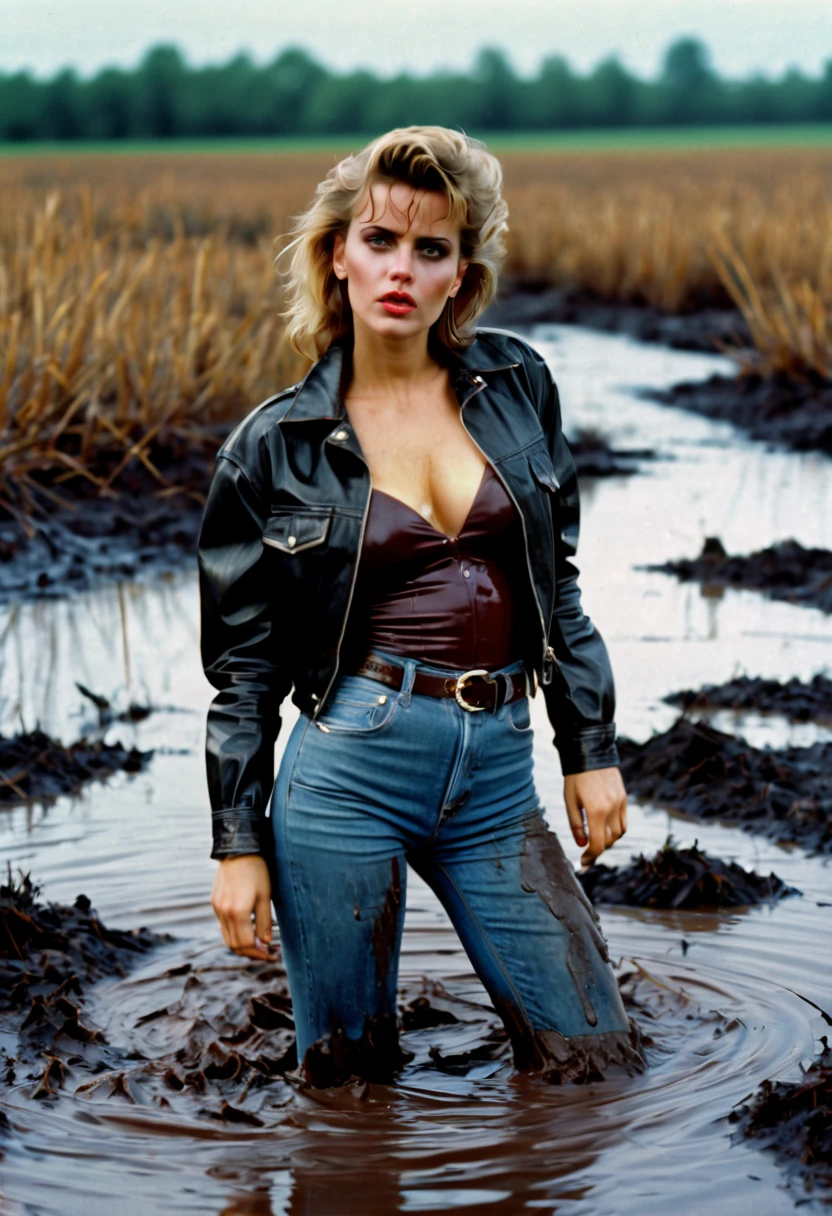 80s setting, film photo of woman in muddy worn-out high waist jeans and leather jacket and blouse drowning in bog, provocative pose