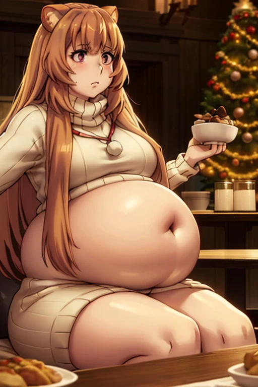 raphtalia, long hair, bangs, fat, raccoon ears, fat, chubby, fat, pregnant, big belly, overweight, Riza Hawkeye, hair in bun, fat, big belly, clothed, sitting down, table full of food, cookies, eating cookies, very fat, Christmas season, Christmas time, Christmas season, holidays, Christmas sweater,