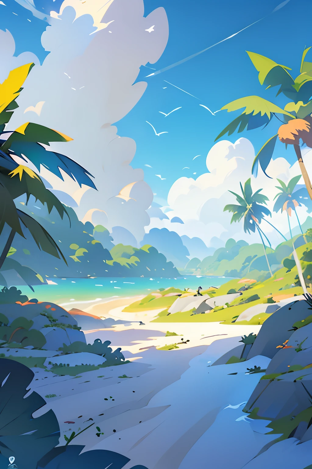 Summer landscape, uma praia, com palmeiras, clima ensolarado, with fluffy clouds in the sky, oceano ao fundo, estilo animado, baseado em cyberpunk, cores vivas