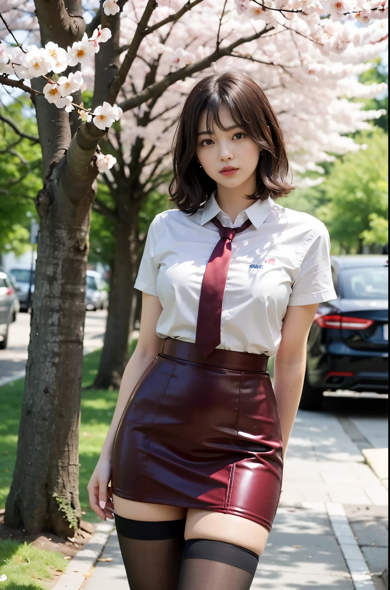 masterpiece, best quality,4girl,young girl, plum_pie eyes, brown, choppy bob,envious _face,shiny skin,medium breasts,nice leg line:1.3,thick thighs, thin waist,school uniform, thighhighs,necktie,((pencil skirt)),red color high heels, pantyhose, Pathway_lined_with_blooming_cherry_blossom_trees,,looking at viewer,from below,full body, legsupsexms, slim body