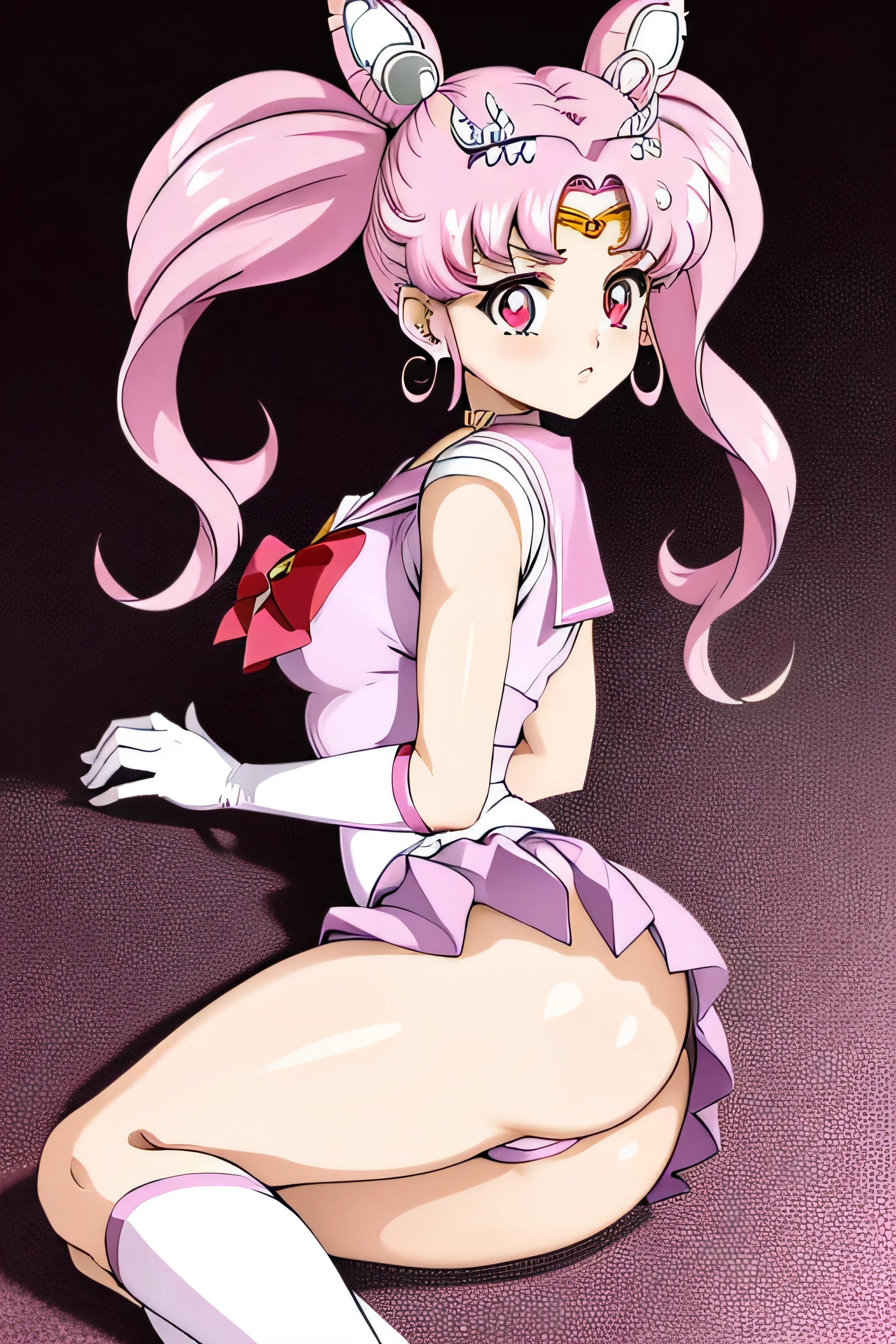 obra maestra, Mejor calidad, absurdos, perfect anatomy, 1 chica, Solo, SMMoon, 1990s \(Estilo\), sailor chibi moon cabello rosado, pupilas rosadas ojos, Uniforme Marinero Senshi, magical girl, ojos rosados, falda rosa, Guantes hasta el codo, tiara, falda plisada, Lazo para el cabello, cabello rosado, dos colas, Collar marinero rosa, mini falda, gargantilla, Arco rojo, Pink gargantilla, guantes blancos, joyas, aretesculo con micro tanga, muy sexy , buen culo. (Acostada de lado en el suelo) culo arriba