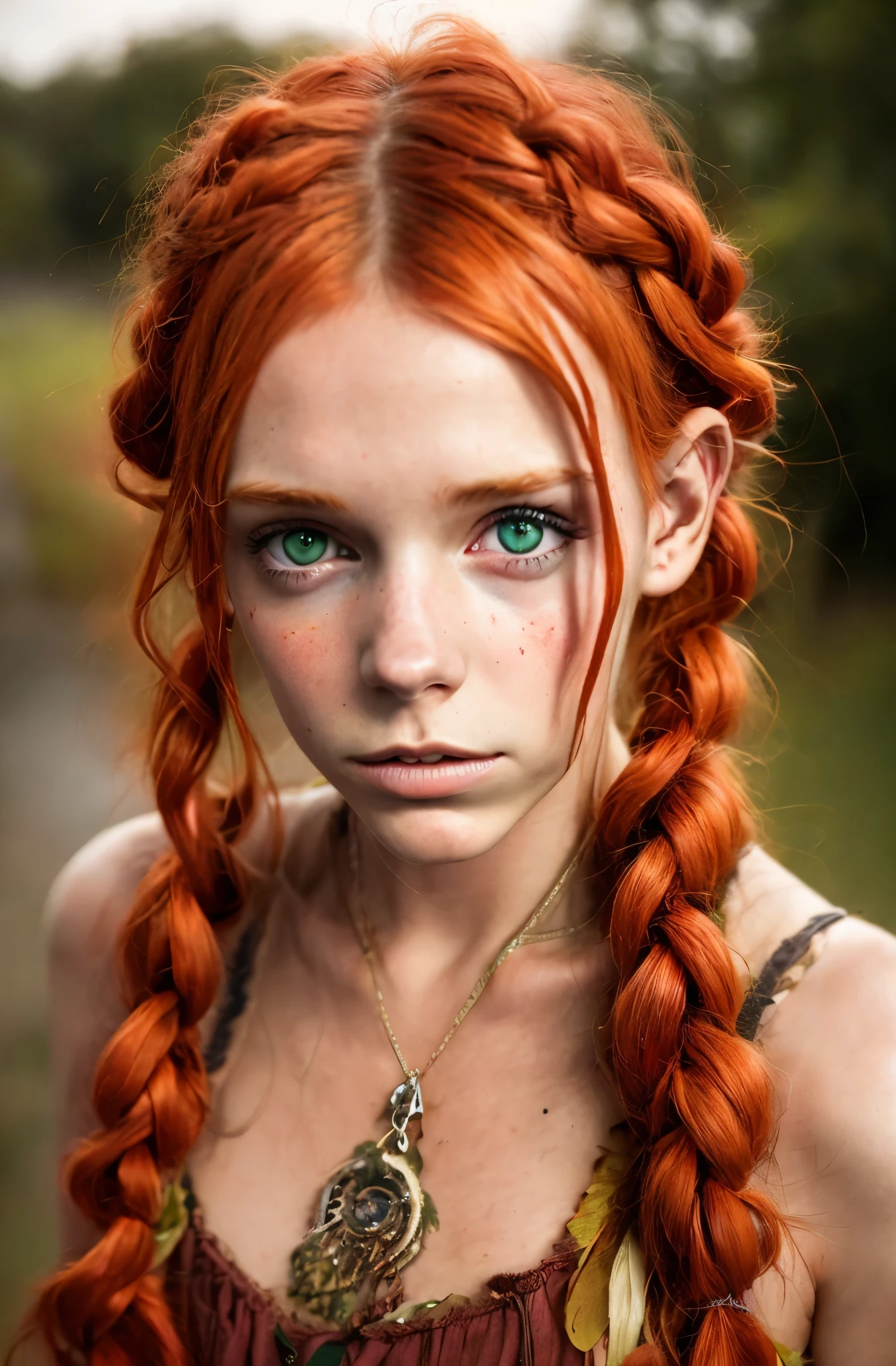 Ultra real photo of 18 years old Pippi Longstocking, mischievous eyes, long red messy and braided hair, sexy, sloppy look, vivid colors, intricate details of her beautiful eyes and perfect face.