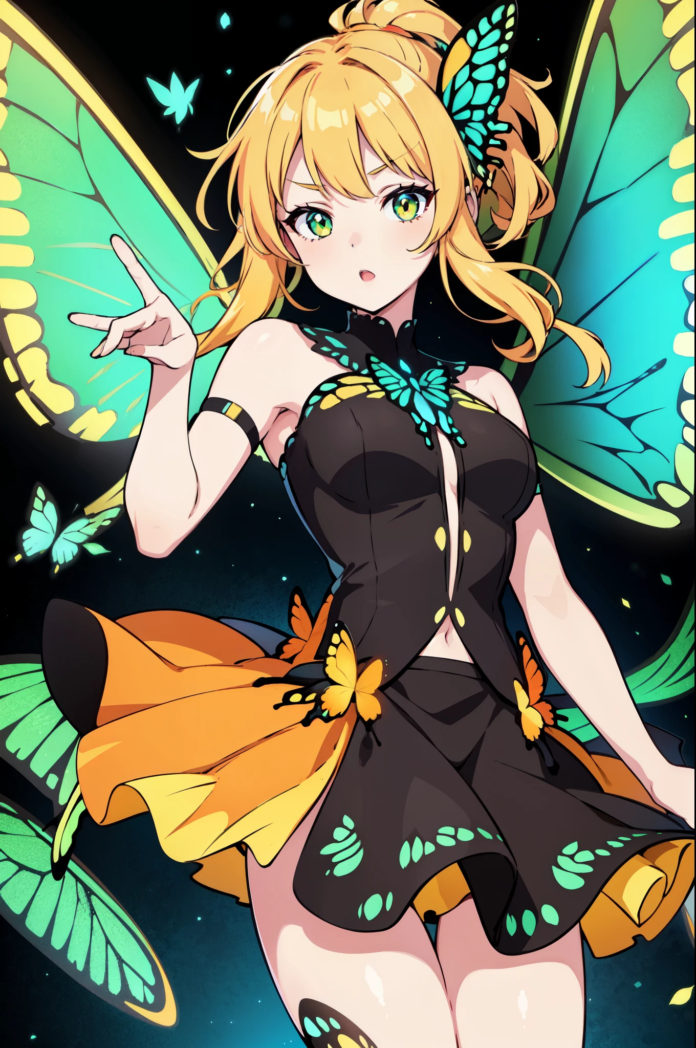 1girl, (orange butterfly ears:1.1), (yellow butterfly ears:0.55) (hlfcol haired girl with pale orange and pale yellow hair), (curly hair), (wavy ponytail), (pale green eyes), (dynamic pose), (colorful idol costume), (mini skirt), (black pantyhose), (butterfly wings:1.3), (yellow butterfly wings:0.55), (dynamic angle), more_details:-1, more_details:0, more_details:0.5, more_details:1, more_details:1.5, glowify, more prism, vibrant color, jewelry background, floating gems, floating glass pieces