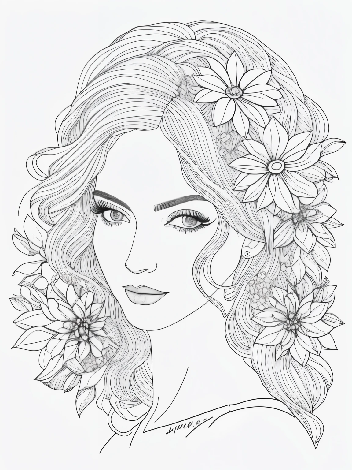 N/w a drawing of a woman with flowers in her hair, beautiful line art, line art portrait, exquisite line art, high quality sketch art, detailed feminine face, extremely fine ink lineart, beautiful drawing style, line art, detailed beautiful portrait, line art colouring page, traditional drawing style, black and white coloring, realistic line drawing, outline art, highly detailed portrait