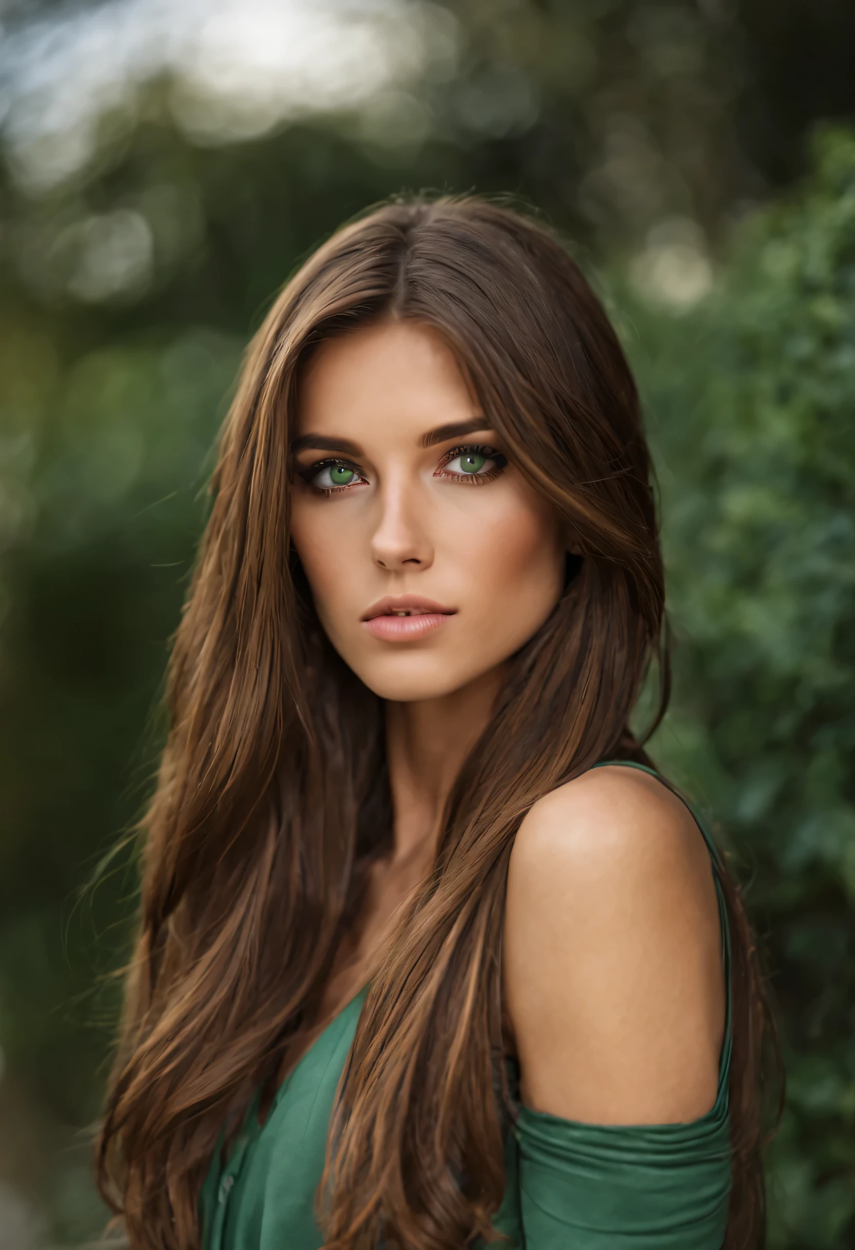 Beautiful woman, 8K, brown hair, green eyes, slender, perfect face