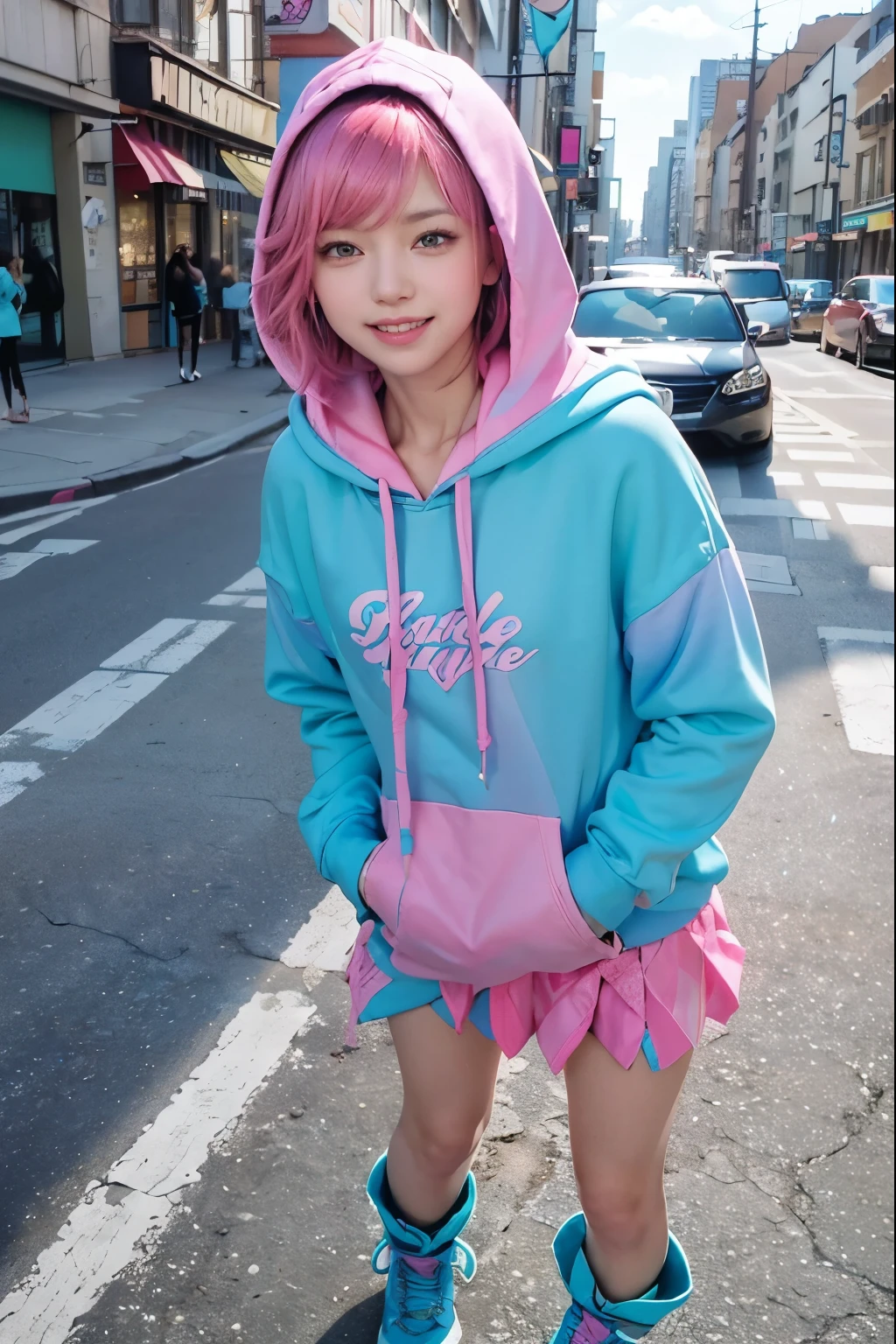 (short cute girl,small young student,young delicate girl),(masterpiece,Top quality),Pastel hoodies,black hair,pool