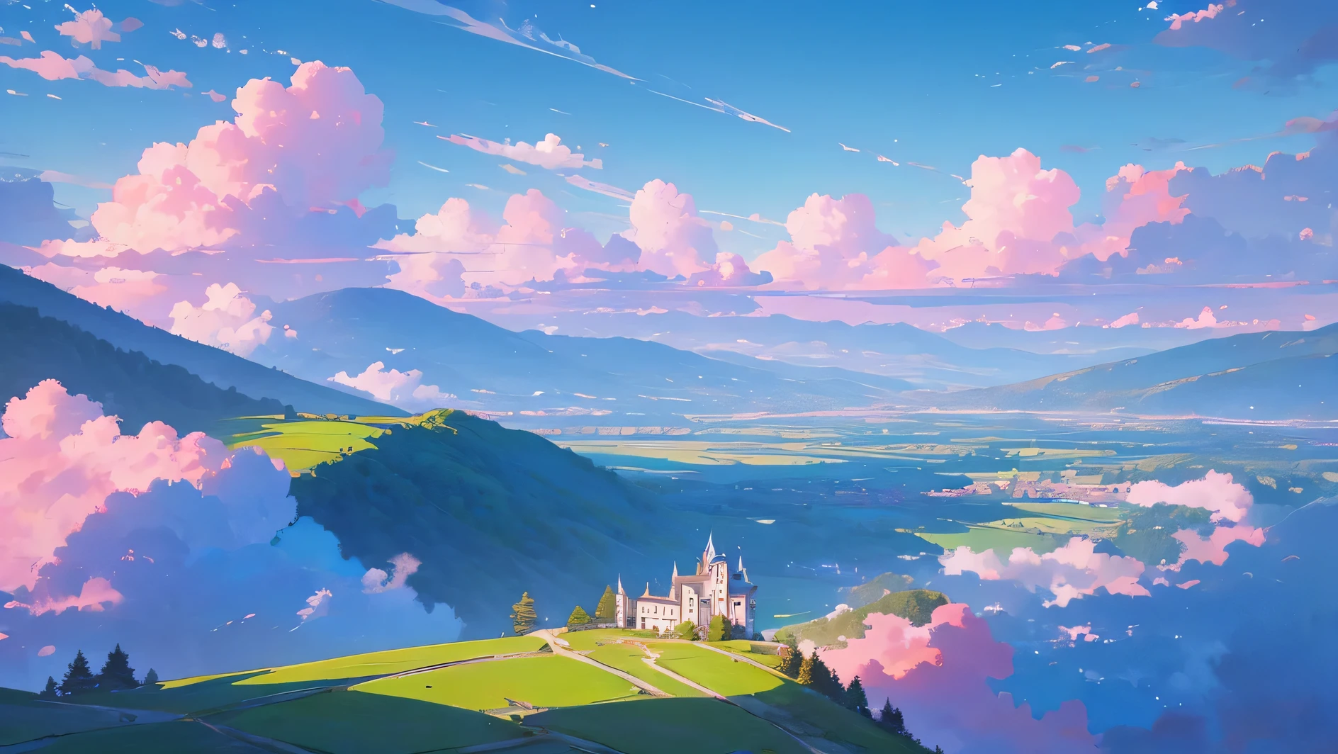 Magical castle landscape water lake pink clouds and a beautiful valley