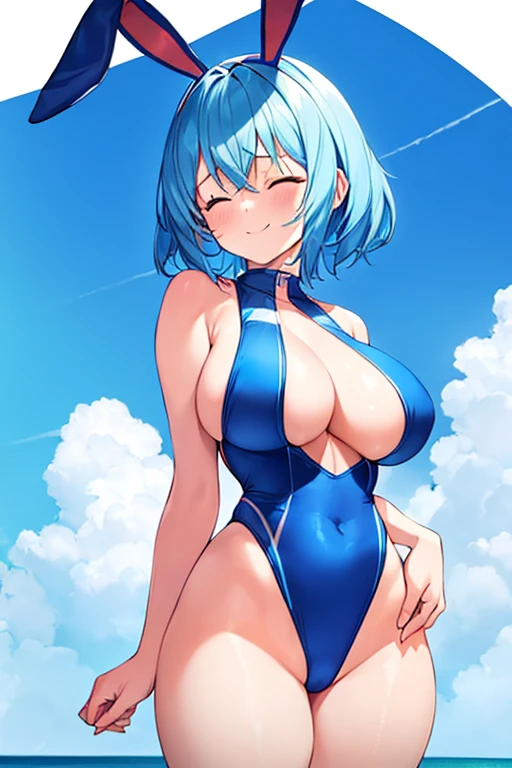 1girl, rabbit ears, bunny ears, light blue hair, very short hair, closed eyes, large breasts, wide hips, thick thighs, one-piece swimsuit, competition swimsuit, blue swimsuit, orange trim, highleg, beach, blue hair, smile, animal ears