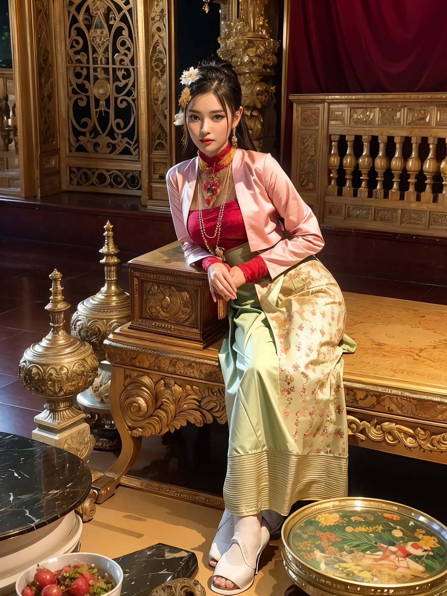 image that shows a beautiful Myanmar girl with a round jaw and a circle face. She has white hair and brown eyes, and her face is covered with thanakhar, a traditional cosmetic paste. She wears a dark shot masterpiece, a type of clothing that is best quality.she is wearing Golden footwear in the shape of the golden hintha bird. The image is a painting by Range Murata, inspired by Paul Gauguin and Van Gogh, that depicts the girl as a geisha with European features entering a Japanese pine forest. In the background, there is a big red sun that creates a stunning contrast. The image is edited with Adobe Lightroom and Photolab, using HDR, exposure blend, depth of field, and technicolor techniques. The image has a soft cinematic light, a neutral color palette, and intricate details. The image is hyperdetailed, dramatic, matted, and epic realistic. The image has a medium shot angle, a low saturation level, and a bokeh effect. The image has a noir style, a teal and orange filter, and a soothing tone. The image is tagged with artstation, rutkowski, artgerm, and greg rutkowski. The image shows the full body details of the girl's beauty with HDR 50+.