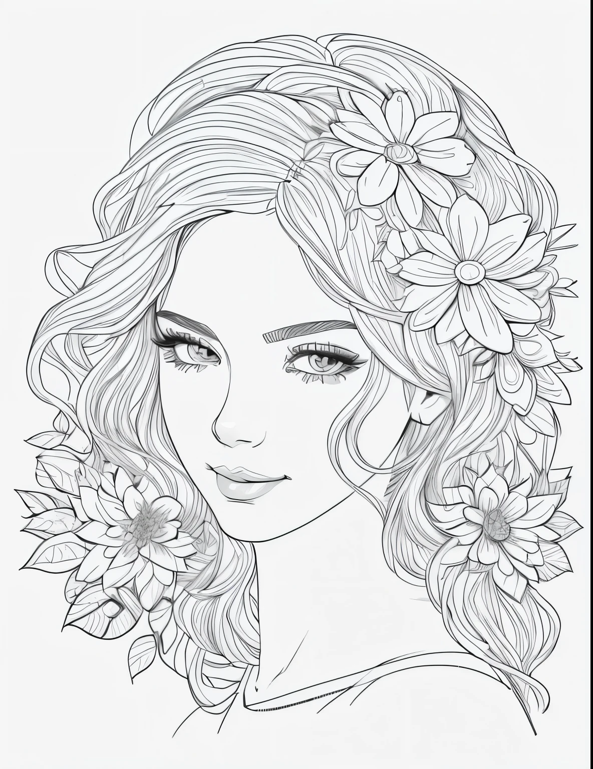 a woman with flowers in her hair and a flower crown, clean coloring book page, line art colouring page, line art portrait, lineart behance hd, beautiful line art, black and white coloring, line - art, coloring book outline, outline art, illustration black outlining, line art illustration, clean lineart, coloring book page, outlined art