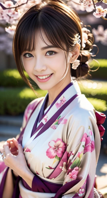 first person perspective, (masterpiece:1.3), High resolution, Super detailed, Highly detailed CG Unity 8K wallpaper, realistic, photo-realistic, RAW photo, (((Cherry blossom pattern kimono,floral scrunchie))),beautiful detailed face, white skin　japanese woman、20 year old female、realistic目、F cup big、beautiful and detailed eyes、(real skin: 1.3)、cute smile、medium long hair、beautiful skin、, fine cloth texture, detailed hair texture, perfect body, beautiful face, Accurate, anatomically correct, Highly detailed face and skin texture, natural neck length, (beautiful hands), (Fair skin:1.2),  aligned teeth, beautiful skin, Arrange your hands elegantly,Japan with a faint smile,Japanese garden,luxurious Japanese room, 