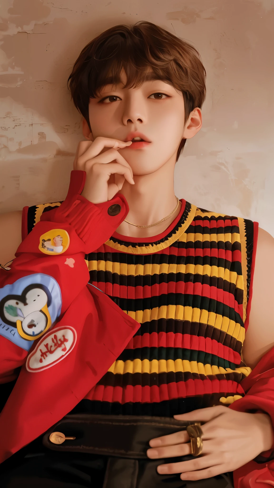 Hombre arafed con una chaqueta roja y pantalones negros apoyado contra una pared., kim doyoung, cai xukun, Jung Jaehyun, Jinyoung Shin, inspirado en Bian Shoumin, Won Bin Lee, hyung tae, key still, taehyung comiendo papas fritas gucci, pintar ulzzang, hong junio hyung, jungkook, TaeJune Kim, todos del grupo nct kim taehyung de bts, kpop idol boy, kpop boy face