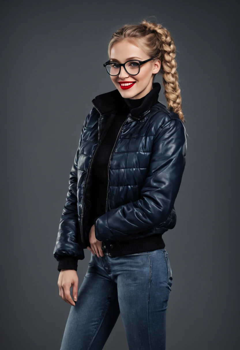 ultrarealistic high quality photo of a beautiful young tall and busty european woman with cute face and natural blonde long hair with braided pigtailsand beautiful embarrassed smile, realistic eyes, freckles, glossy red lips, smokey eyes makeup, wearing black leather puffer jacket with dark blue pullover and black skinny jeans, full body studio photography, silver glasses