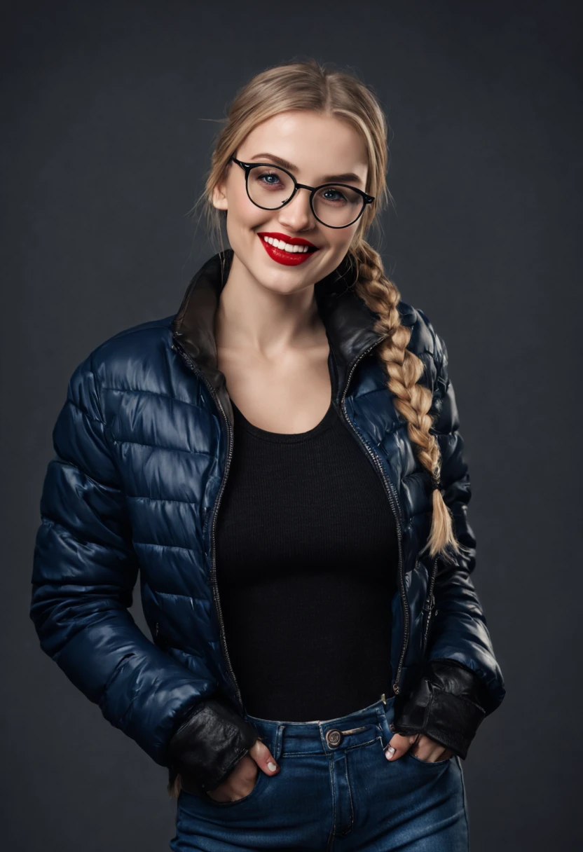 ultrarealistic high quality photo of a beautiful young tall and busty european woman with cute face and natural blonde long hair with braided pigtailsand beautiful embarrassed smile, realistic eyes, freckles, glossy red lips, smokey eyes makeup, wearing black leather puffer jacket with dark blue pullover and black skinny jeans, full body studio photography, silver glasses