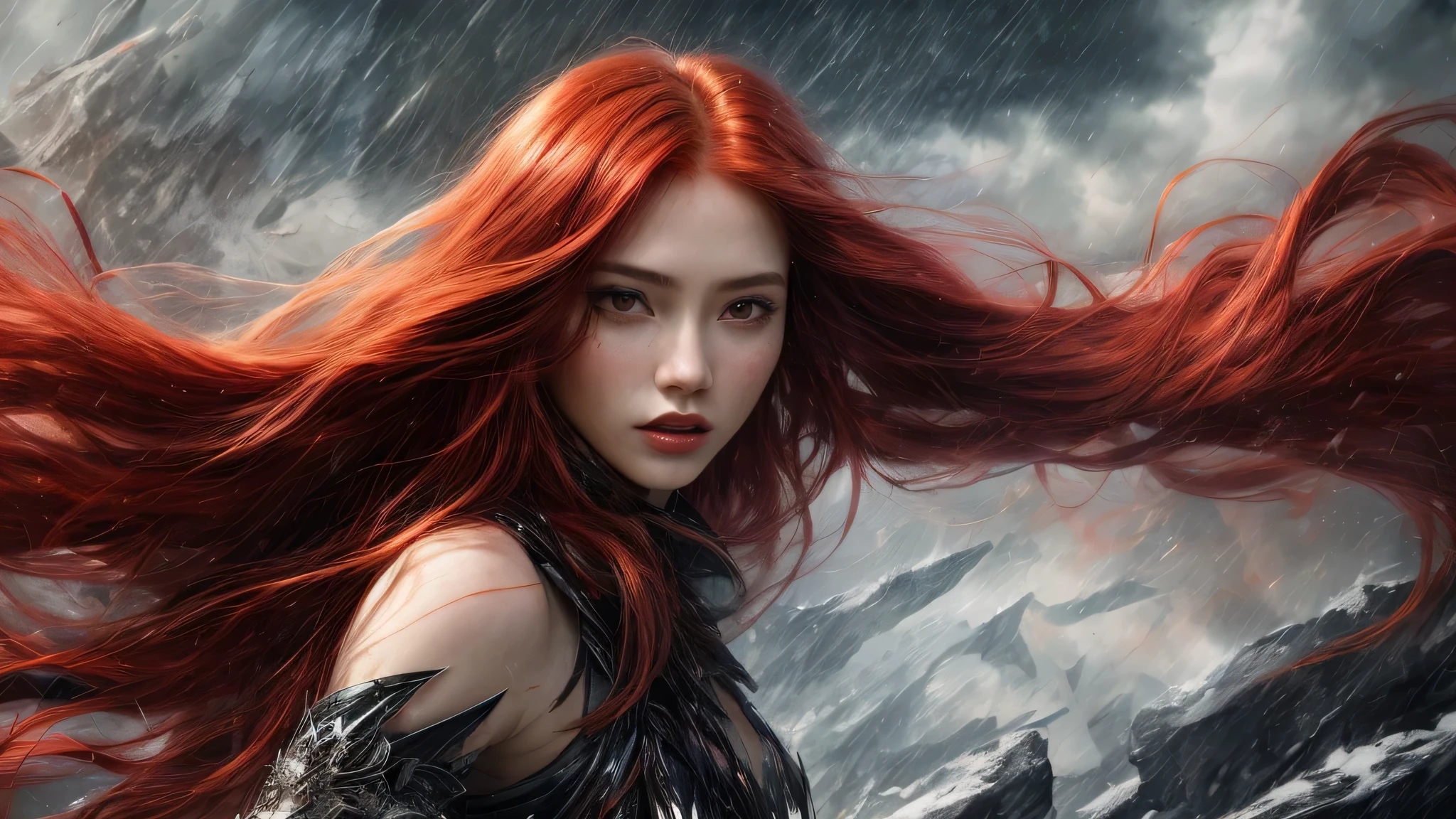 close-up [photo|digital art], young woman, (long red hair:1.2), (dynamic pose:1.2), , (wind effect), (shattered background:1.hantasmagoria:1.2), clouds, rain, inferno, snow, ice, (delirium, dream, nightmare, , abstract, fantasy), glitter, sparkles, shimmer, glimmer, consistent facial and body proportions, artistic expression, aesthetic design, intricate composition, refined body details, color gradient, clear shades, intense shadows, sharp focus, extensive details, high resolution, subtle lighting and highlights, fine textures