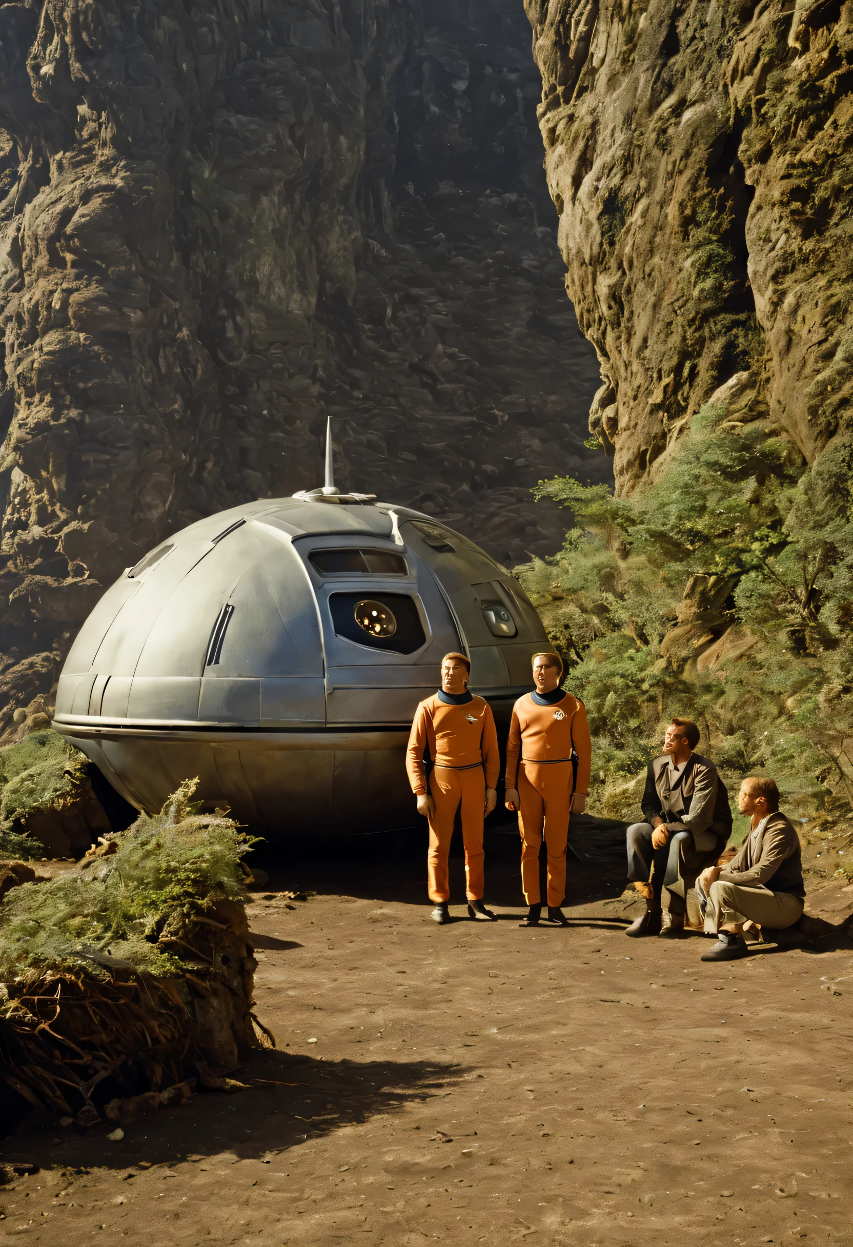 Crew of an old starship from a 1960s TV series on a rustic, picturesque planet, inserir um robot estilo B9 ao lado da tripulação, lost in space, with scenic plants and rocks, republic series, Programa de TV de Irwin Allen, Science fiction, Uniformes de acampamento coloridos estilo Star Trek e Lost in Space, retro look, vintage, estilo antigo, rostos perfeitos tipo atores dos anos de 1960, ((ROSTOS PERFEITOS)), large very colorful scenery, cogumelos gigantes, Plantas Estrangeiros, ((ROSTOS PERFEITOS)), include a foreigner in the crew, rostos melhorados, Estrangeiro, robot, Planeta Extraterrestre, TV studio lighting, fake scenario