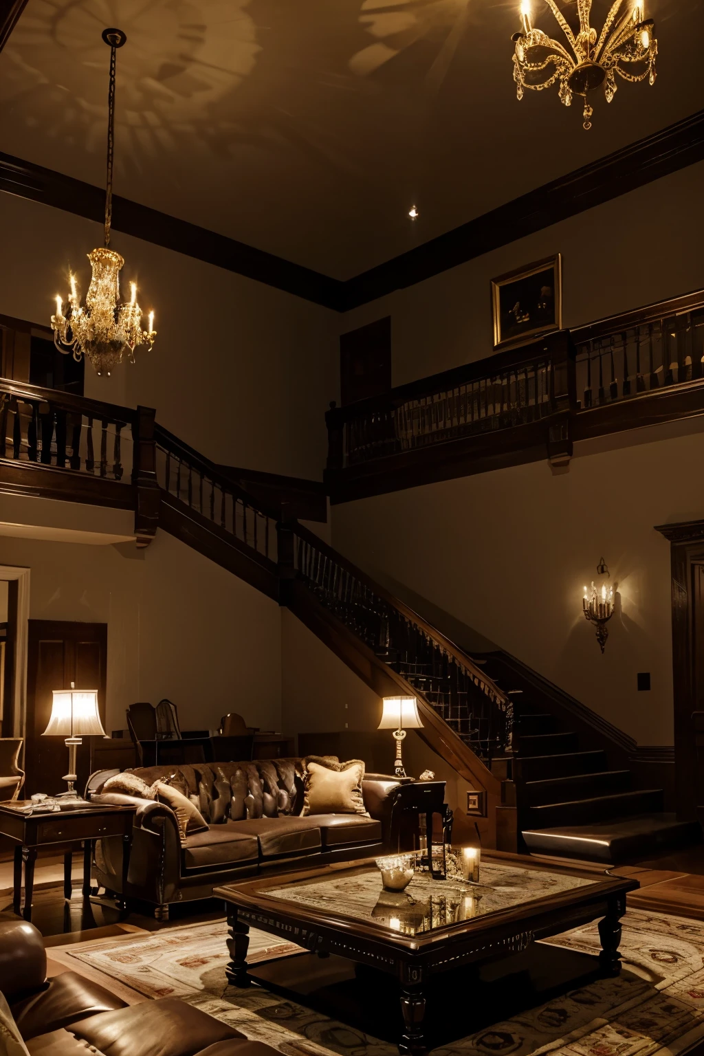 make an interior of a big mansion, living room, luxorius couch, expensive wooden table, glasses on the table, night lamp, luxorious chandelier, carpet, stone fireplace, big plasma on wall, staircase to the next floor in corner